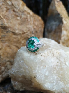 Emerald with Diamond Ring Set in 18 Karat White Gold Settings