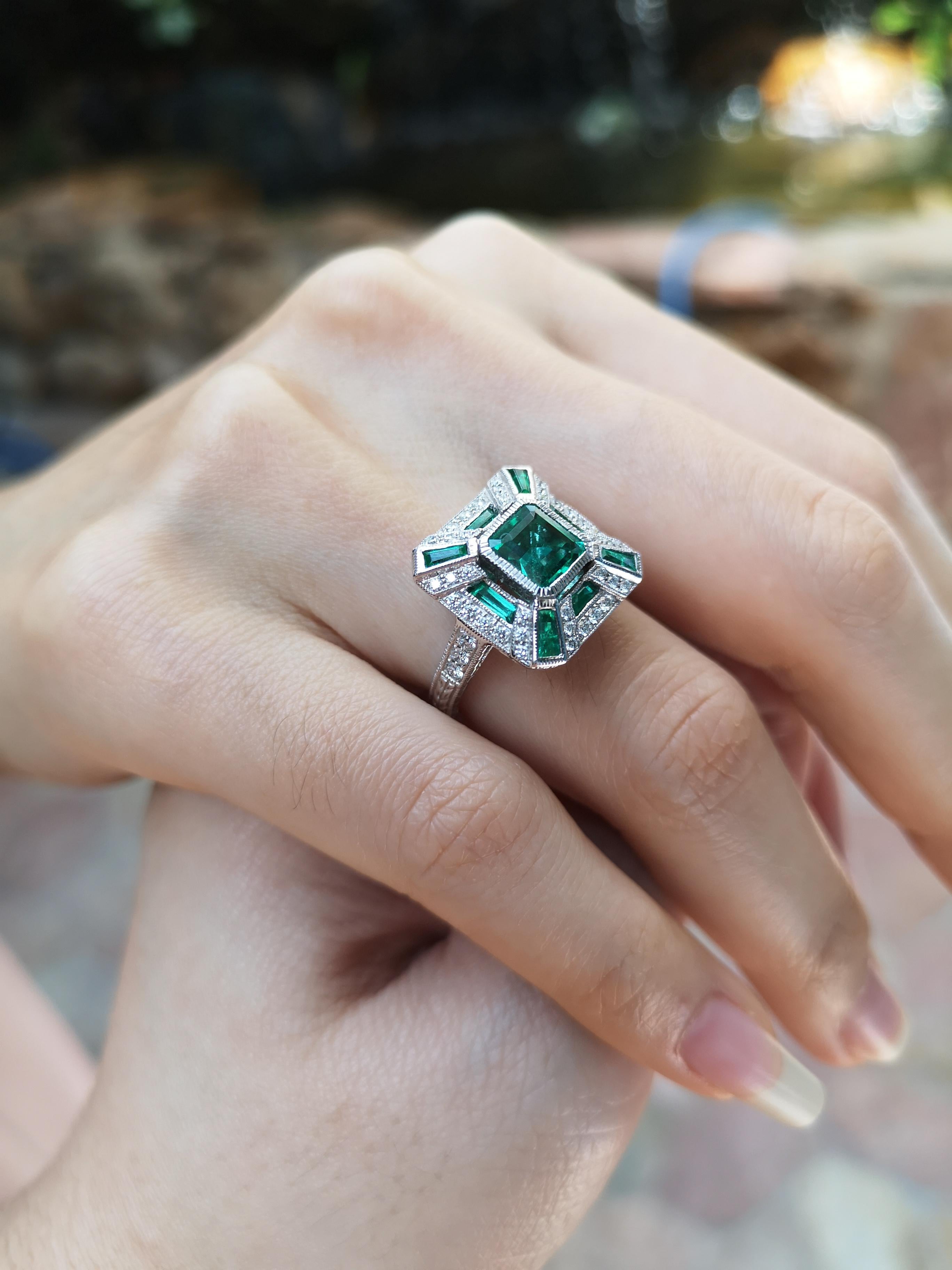 Art Deco Emerald with Diamond Ring Set in 18 Karat White Gold Settings