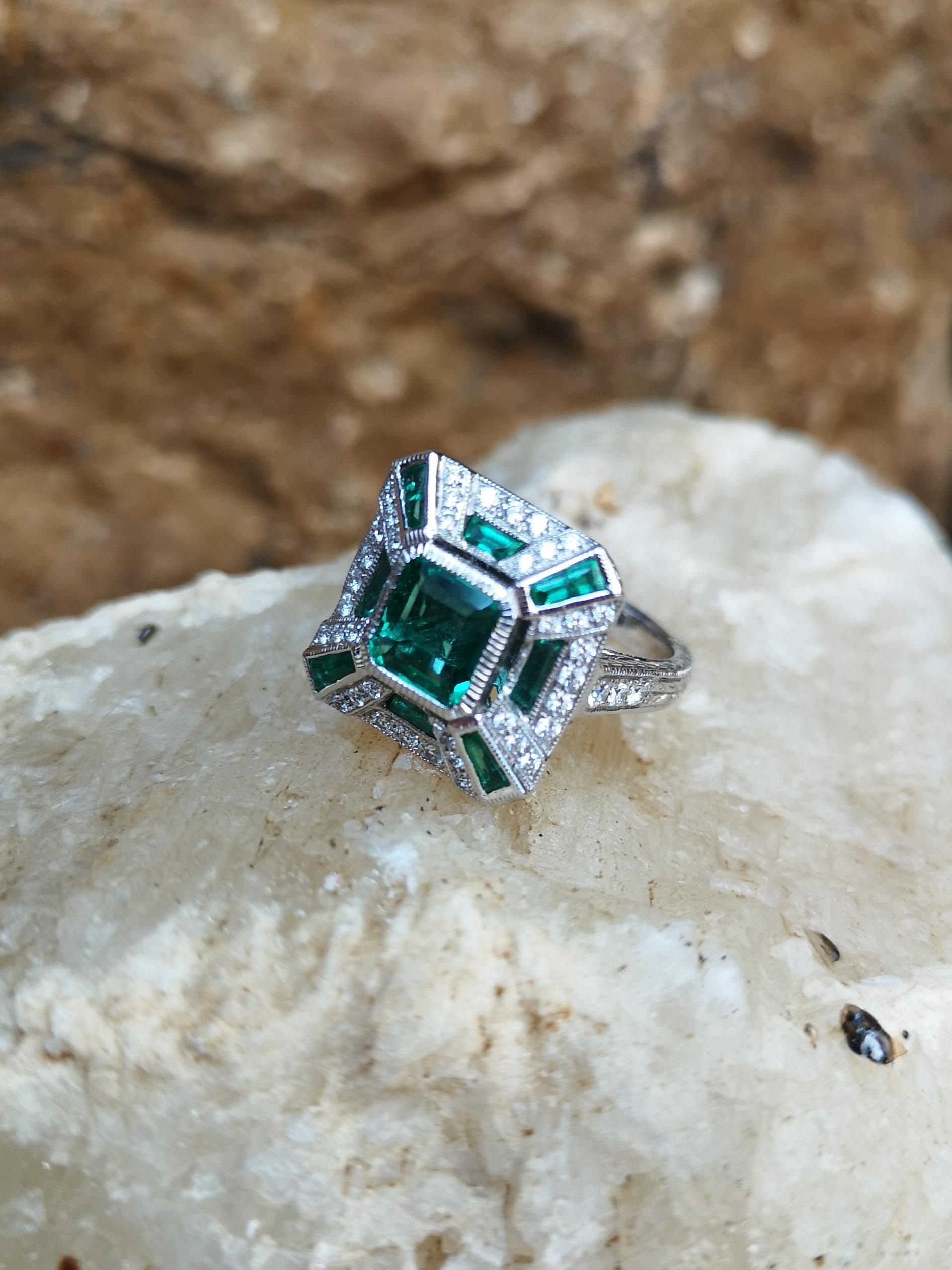 Square Cut Emerald with Diamond Ring Set in 18 Karat White Gold Settings