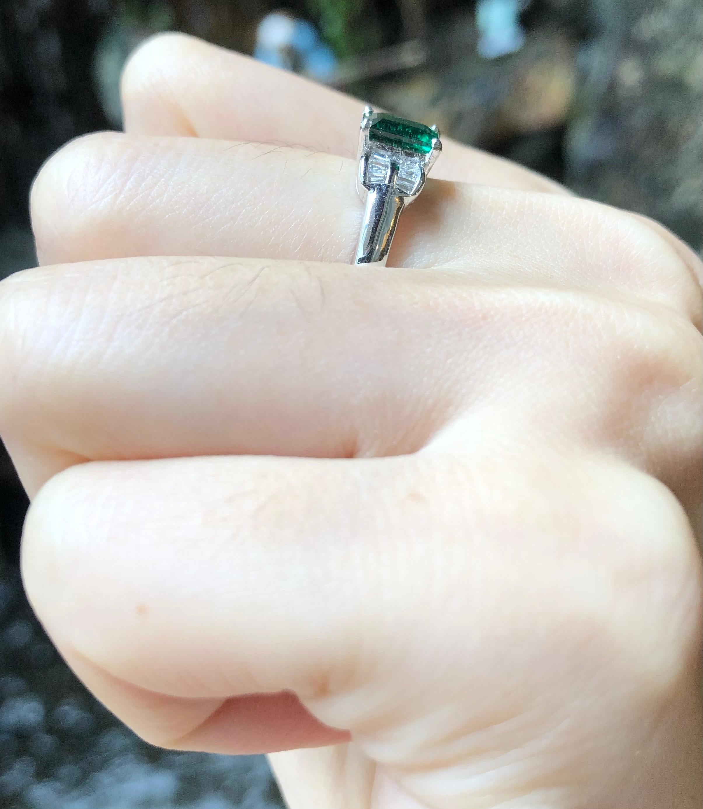 Emerald Cut Emerald with Diamond Ring Set in 18 Karat White Gold Settings For Sale