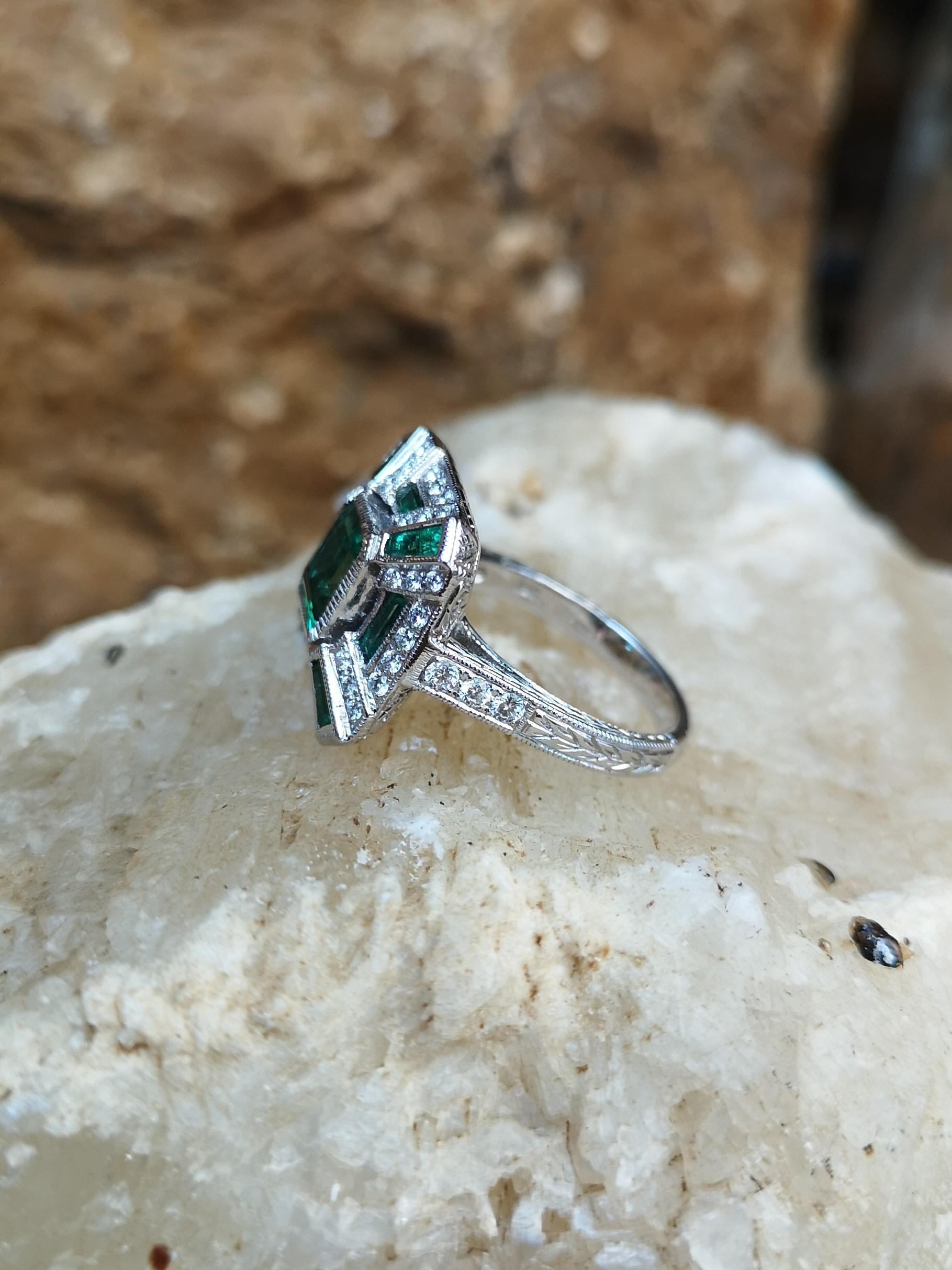 Emerald with Diamond Ring Set in 18 Karat White Gold Settings 1