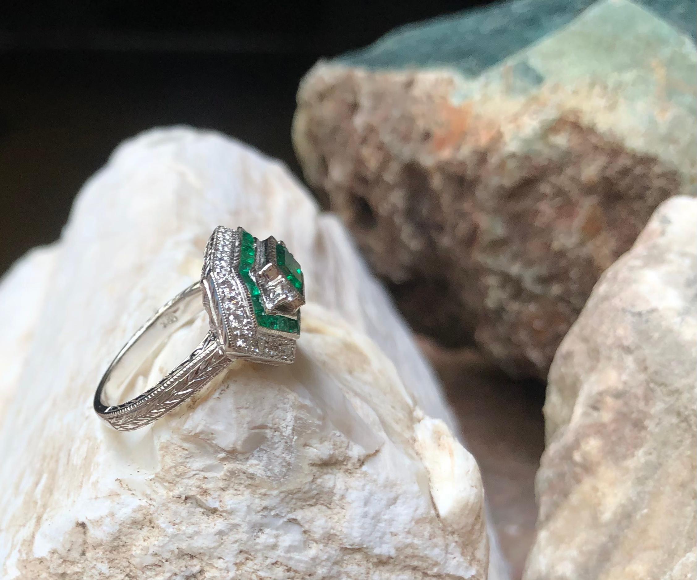 Women's Emerald with Diamond Ring Set in 18 Karat White Gold Settings For Sale