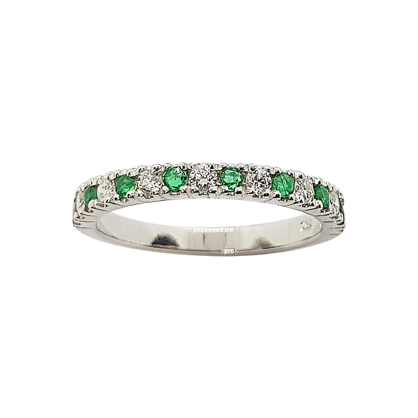 Emerald with Diamond Ring Set in 18 Karat White Gold Settings For Sale