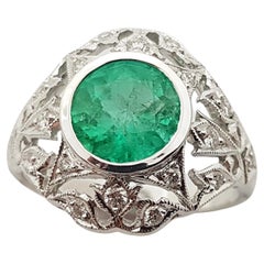 Emerald with Diamond Ring Set in 18 Karat White Gold Settings