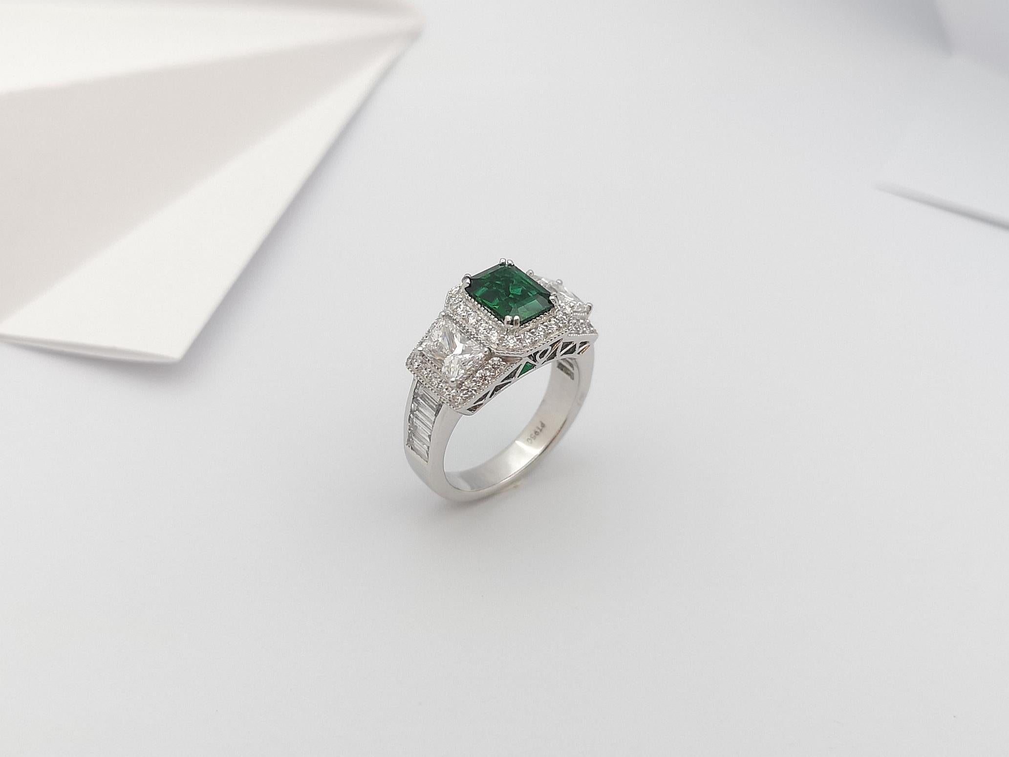 Emerald with Diamond Ring Set in Platinum 950 Settings For Sale 5