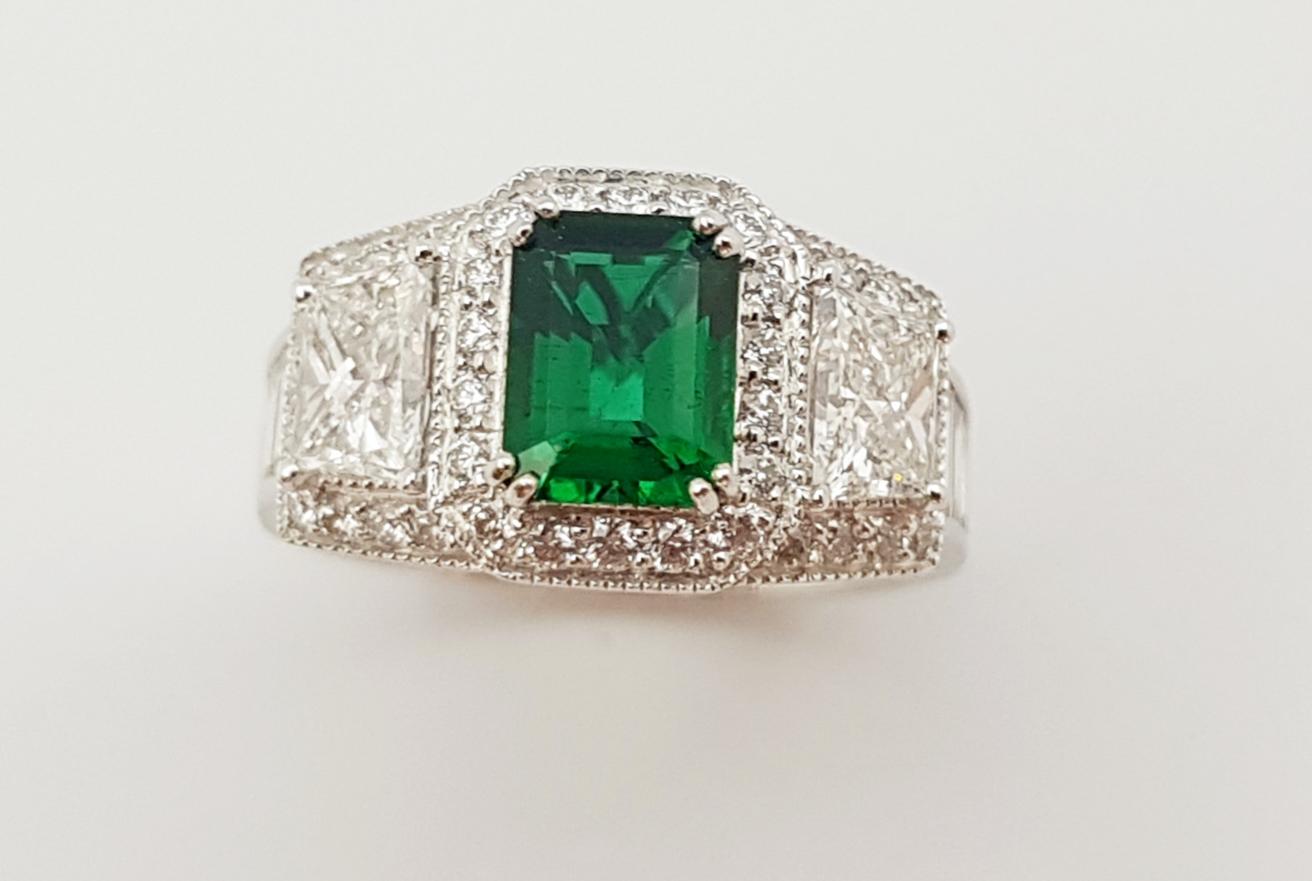 Emerald with Diamond Ring Set in Platinum 950 Settings For Sale 6