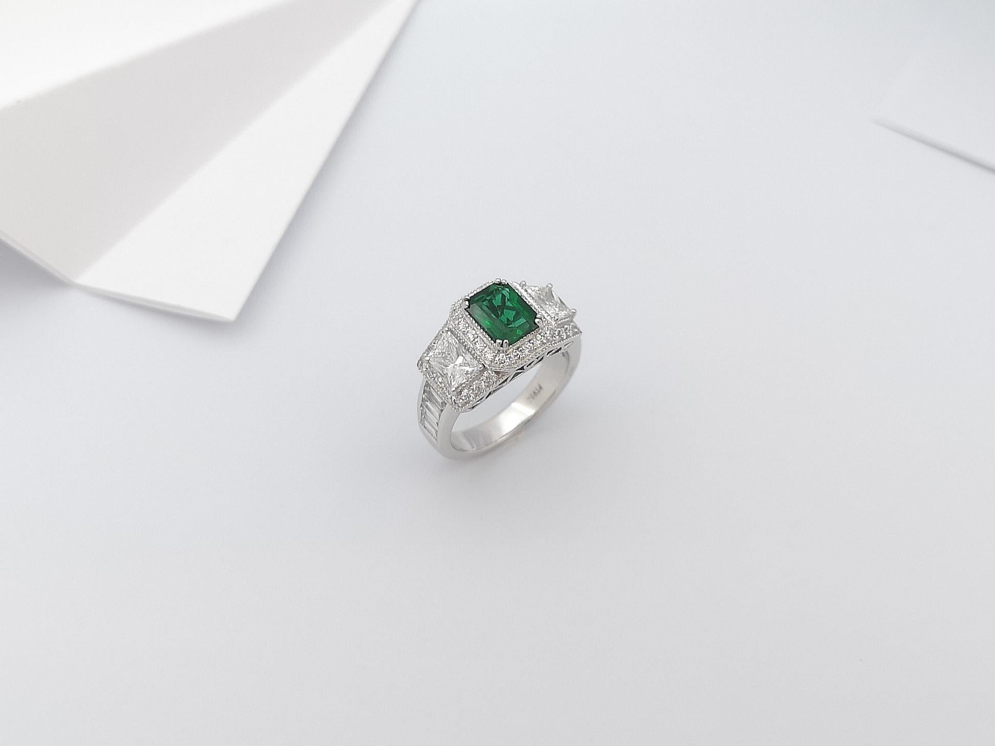 Emerald with Diamond Ring Set in Platinum 950 Settings For Sale 7