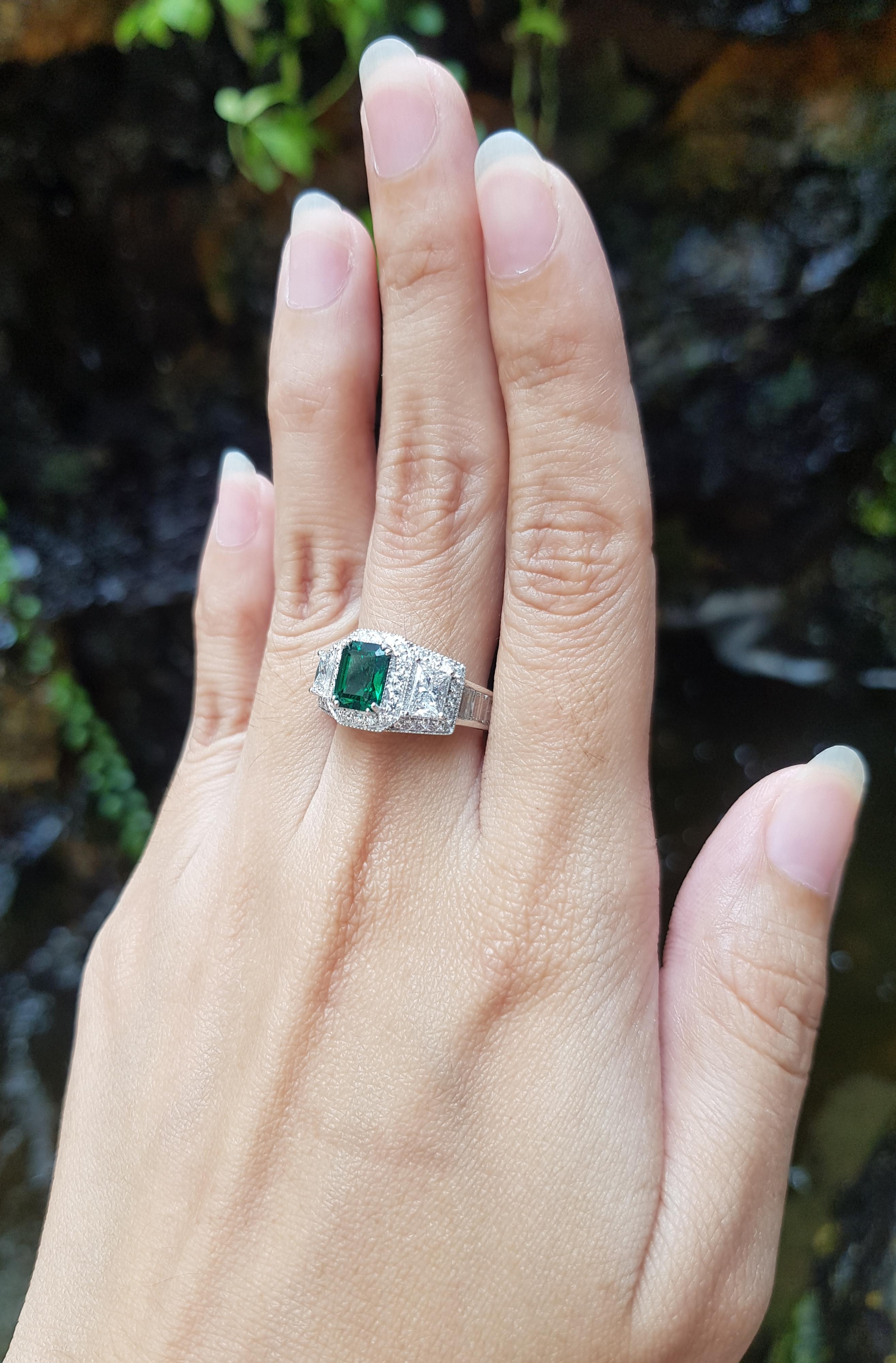 Contemporary Emerald with Diamond Ring Set in Platinum 950 Settings For Sale