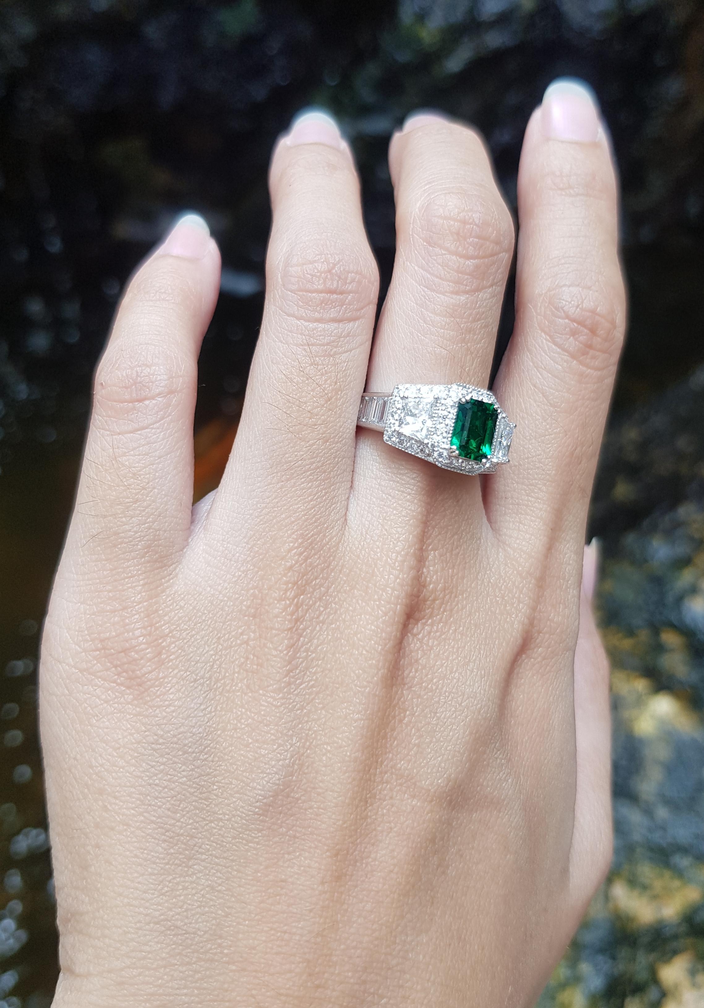 Mixed Cut Emerald with Diamond Ring Set in Platinum 950 Settings For Sale