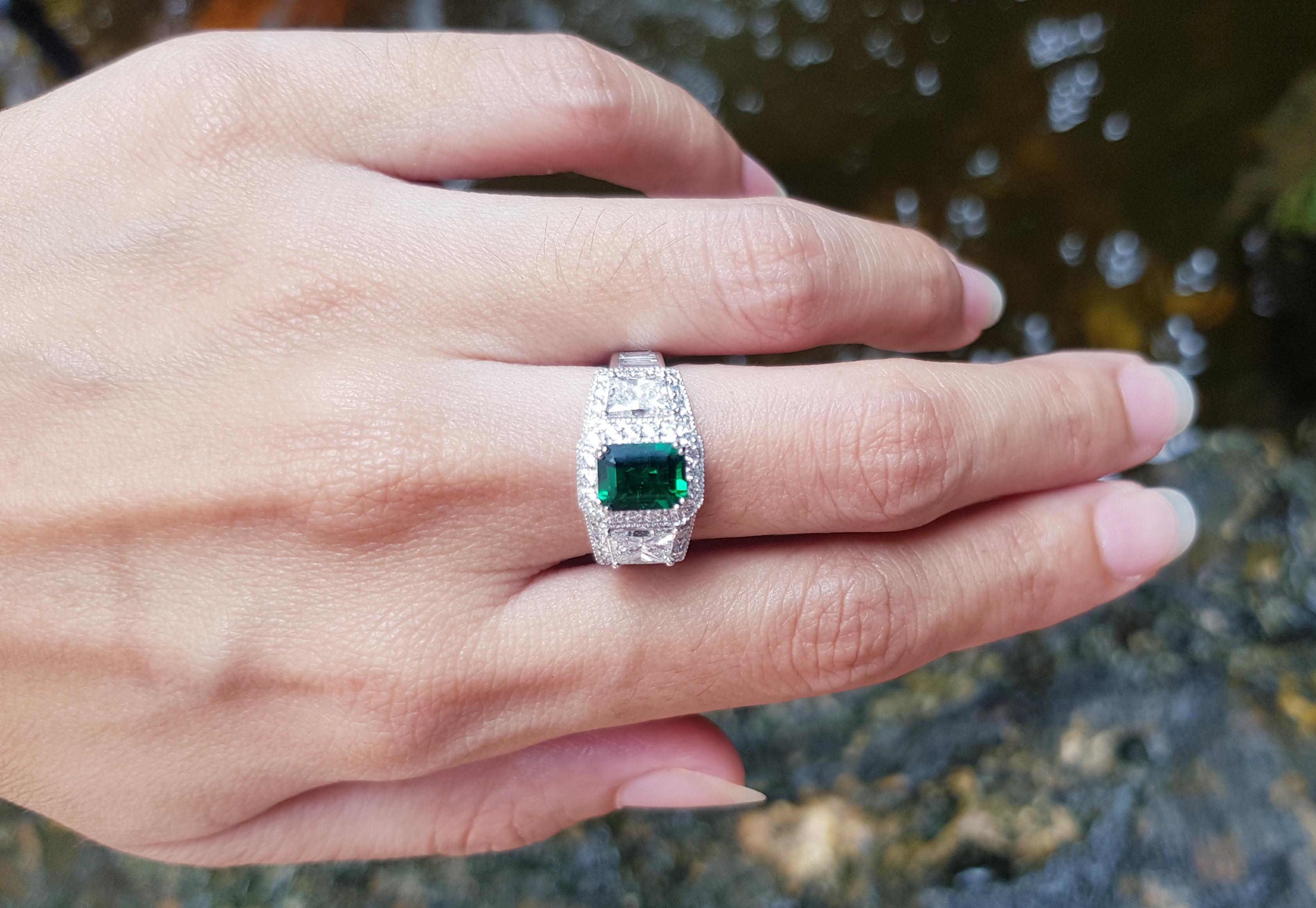 Women's Emerald with Diamond Ring Set in Platinum 950 Settings For Sale