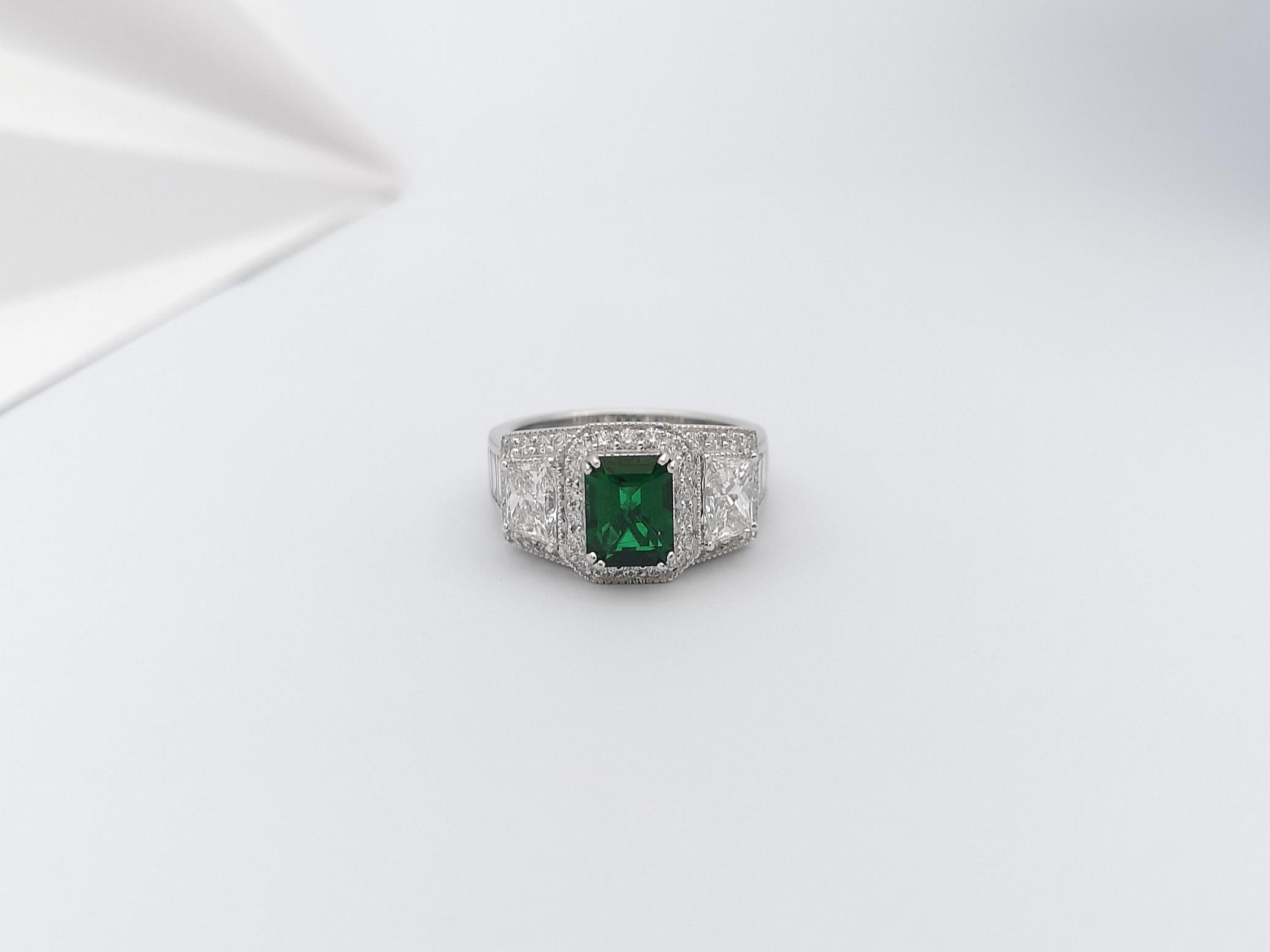 Emerald with Diamond Ring Set in Platinum 950 Settings For Sale 1