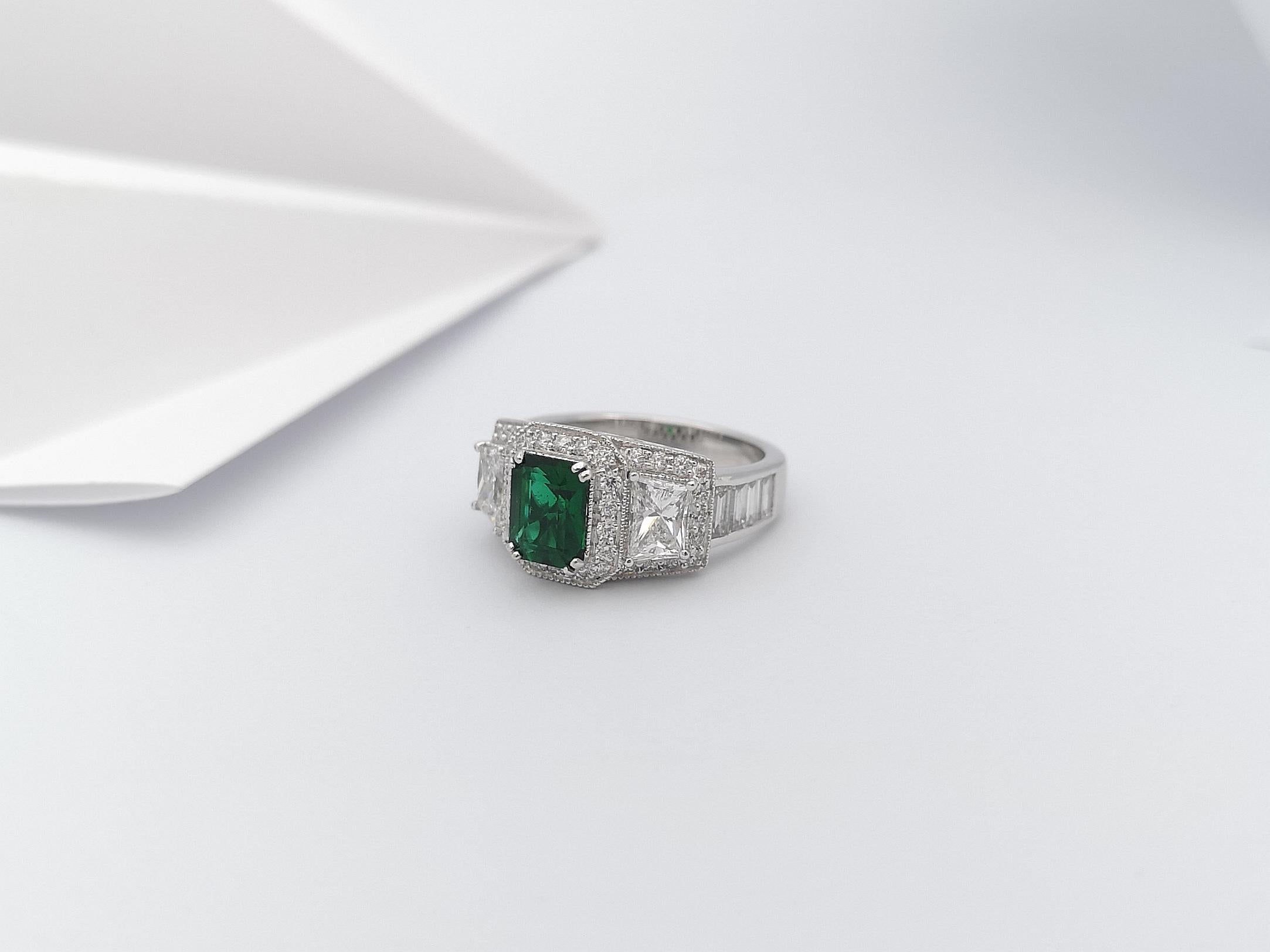 Emerald with Diamond Ring Set in Platinum 950 Settings For Sale 2