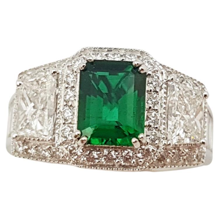 Emerald with Diamond Ring Set in Platinum 950 Settings For Sale