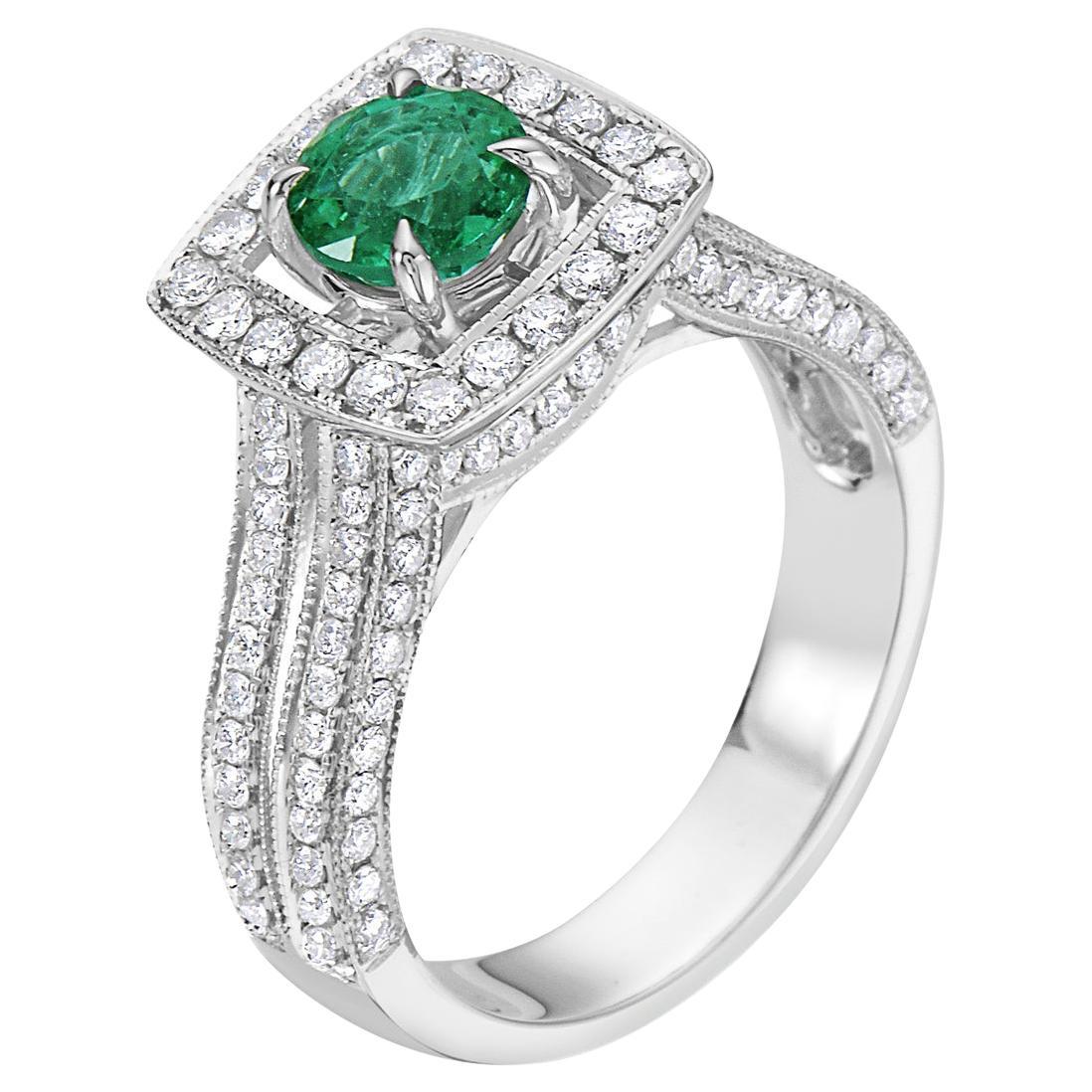 Emerald with Diamond set in 18K White Gold Ring For Sale