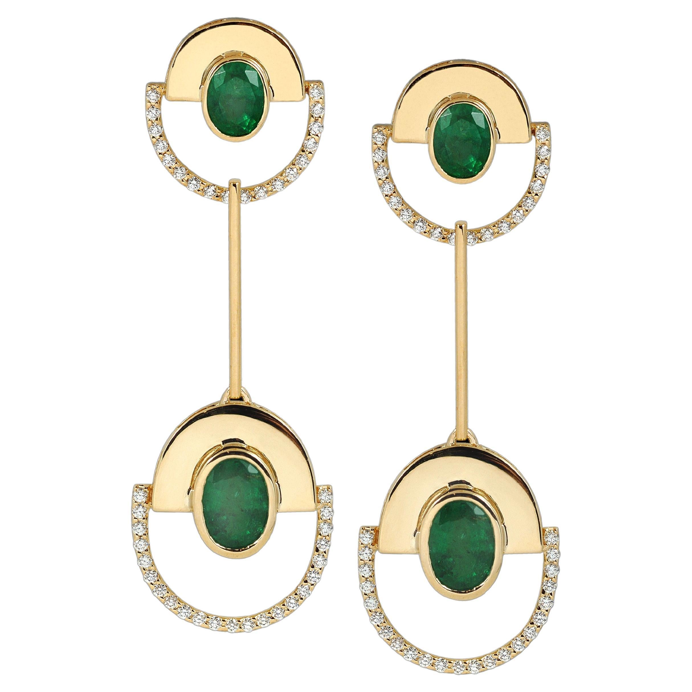 Emerald with Diamond Twist Reflection Earrings set in 18K Gold  Settings  For Sale