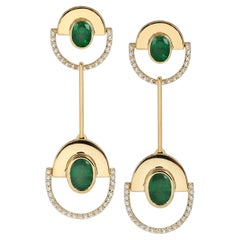 Emerald with Diamond Twist Reflection Earrings set in 18K Gold  Settings 
