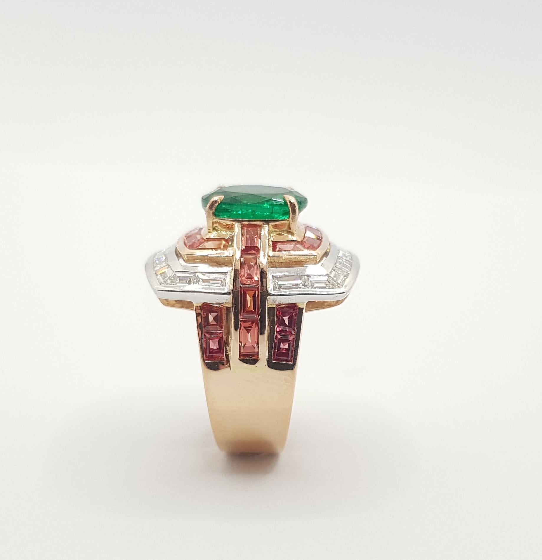Emerald with Orange Sapphire and Diamond Ring Set in 18 Karat Rose Gold Settings For Sale 2