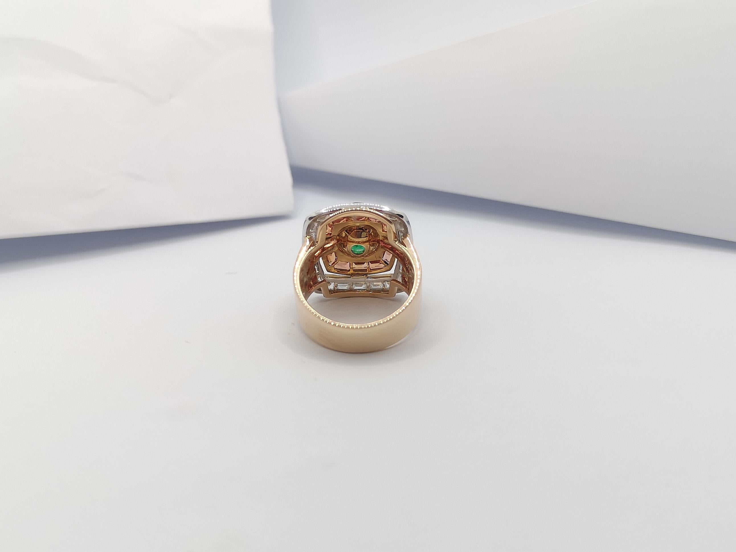 Emerald with Orange Sapphire and Diamond Ring Set in 18 Karat Rose Gold Settings For Sale 3