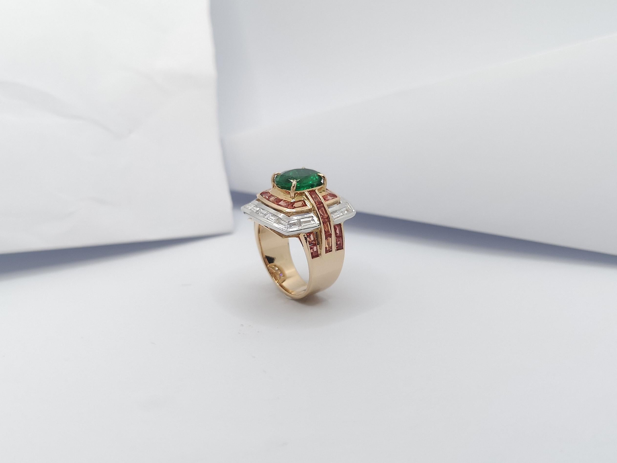 Emerald with Orange Sapphire and Diamond Ring Set in 18 Karat Rose Gold Settings For Sale 4