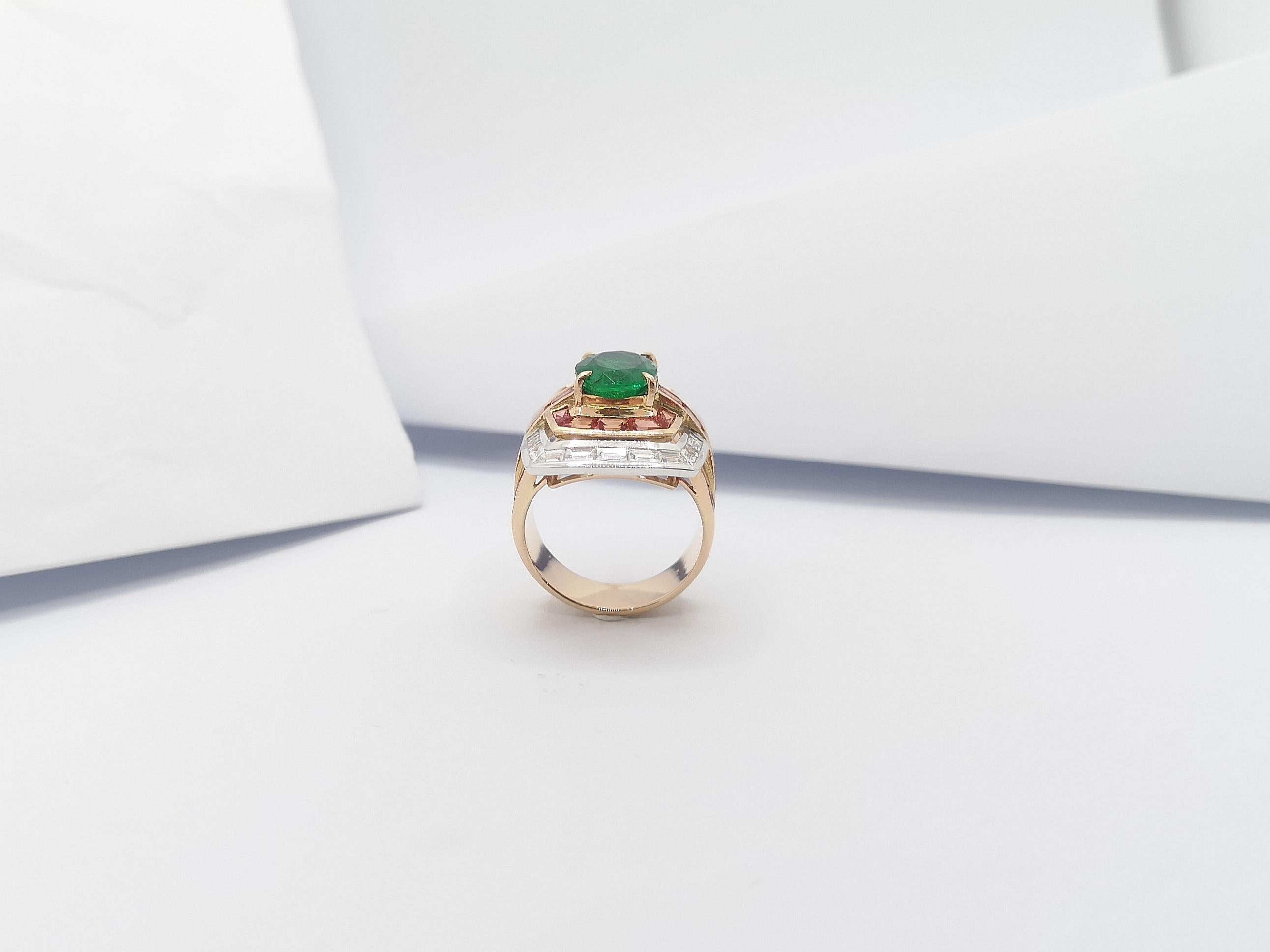 Emerald with Orange Sapphire and Diamond Ring Set in 18 Karat Rose Gold Settings For Sale 5