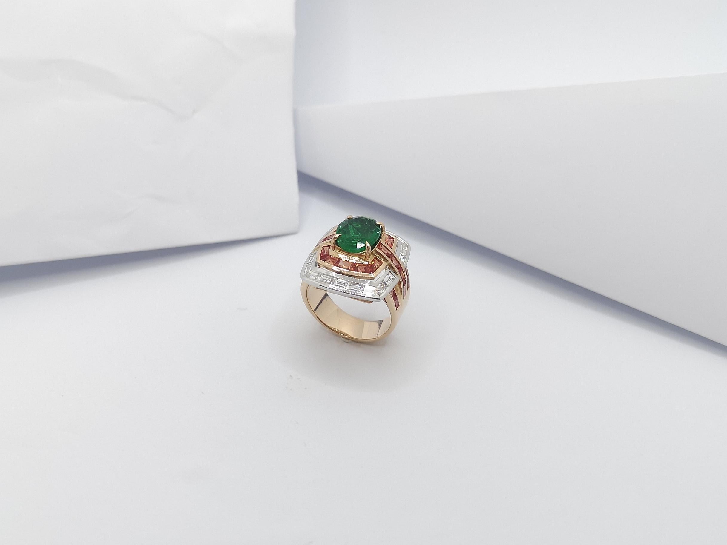 Emerald with Orange Sapphire and Diamond Ring Set in 18 Karat Rose Gold Settings For Sale 6