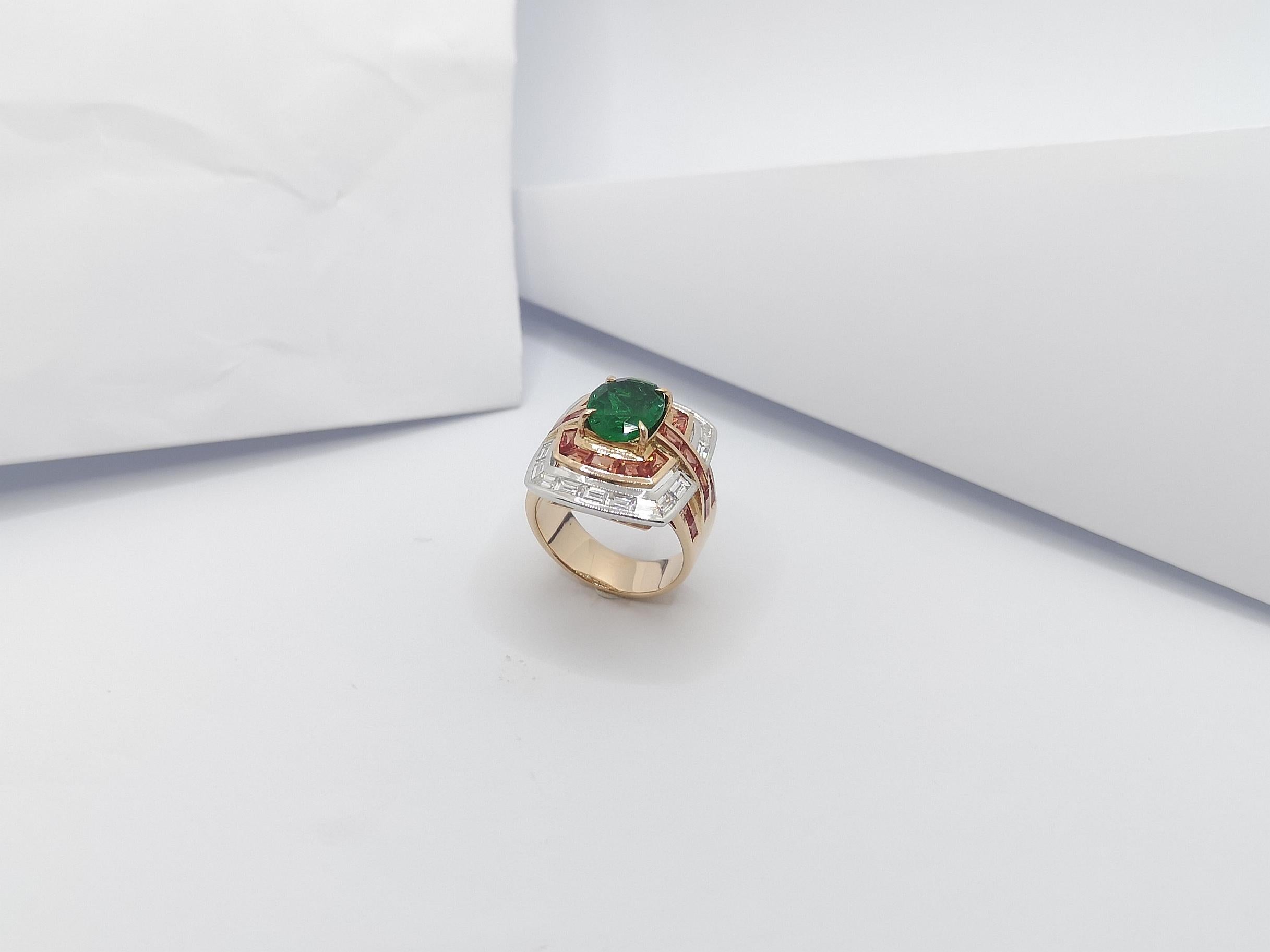 Bague en or rose 18 carats sertie d'émeraudes, de saphirs orange et de diamants en vente 8