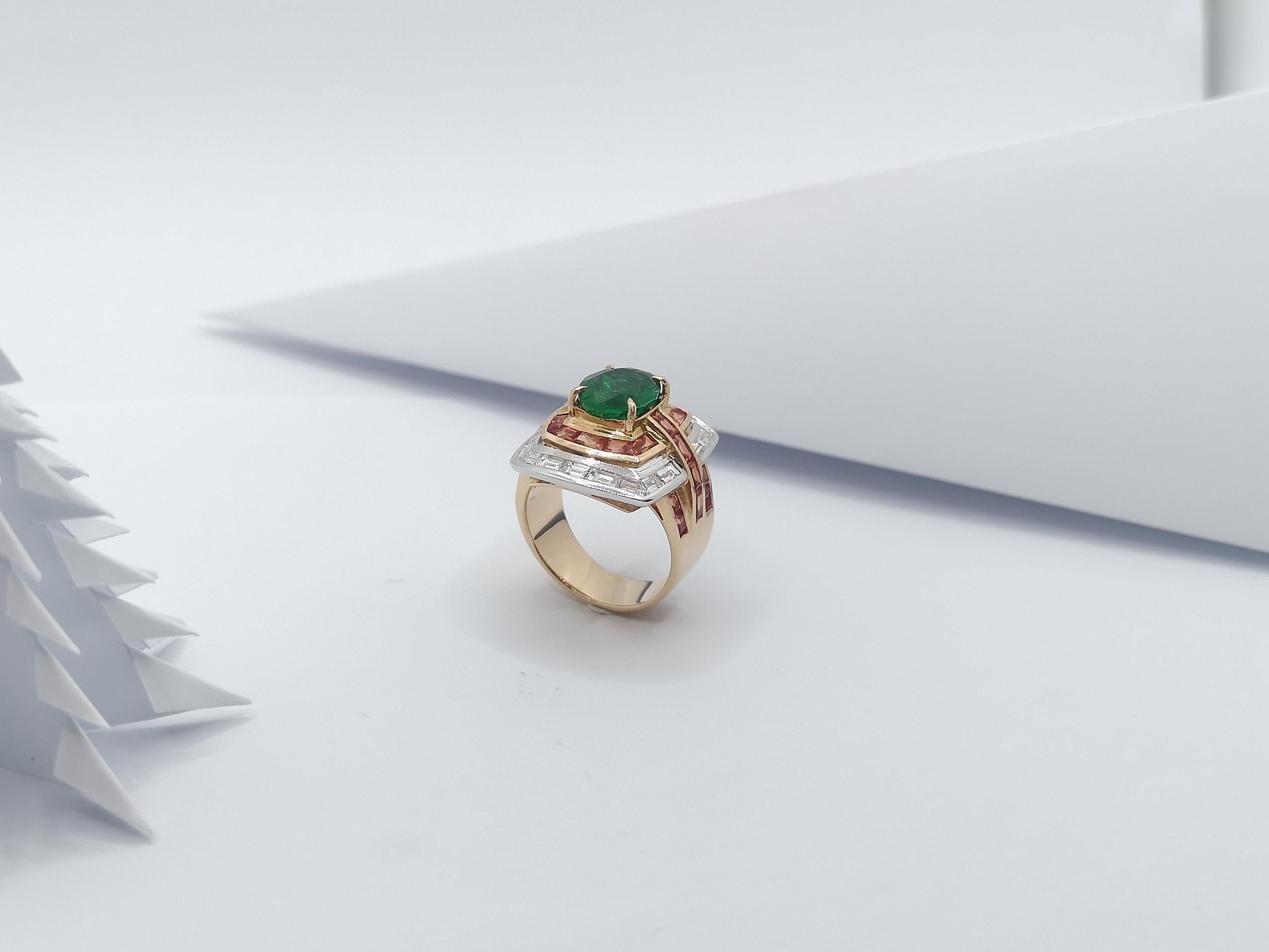 Emerald with Orange Sapphire and Diamond Ring Set in 18 Karat Rose Gold Settings For Sale 7