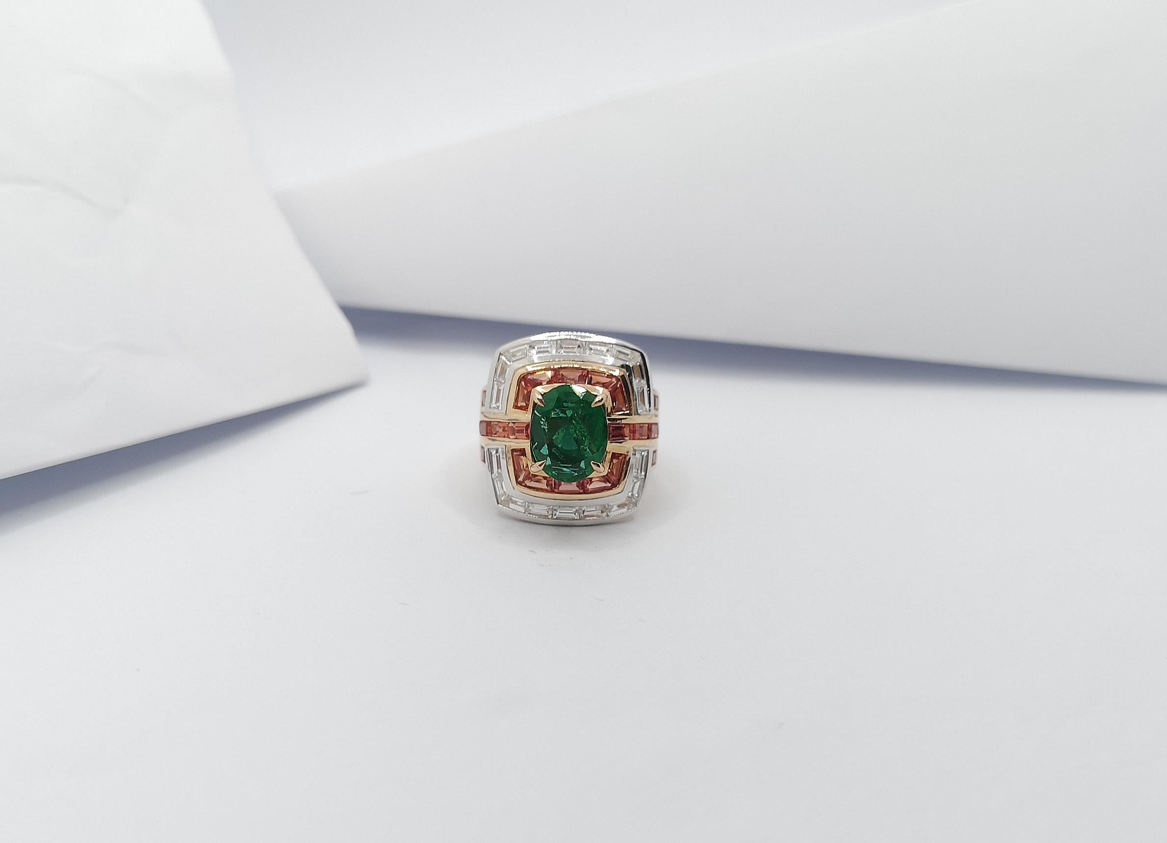 Emerald with Orange Sapphire and Diamond Ring Set in 18 Karat Rose Gold Settings For Sale 8