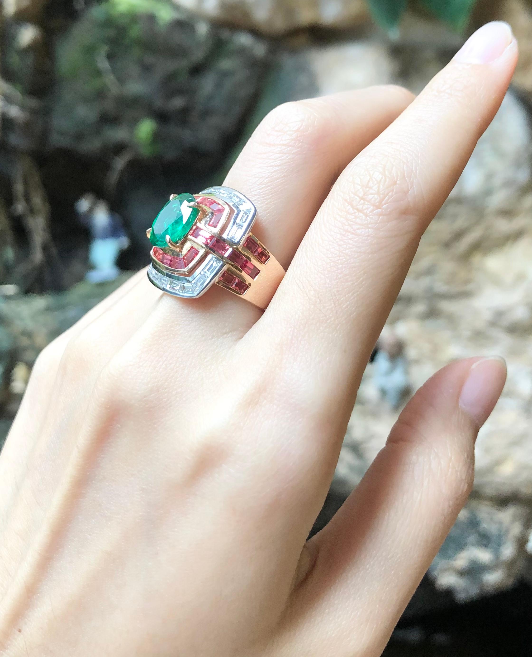 Emerald 2.30 carats with Orange Sapphire 2.91 carats and Diamond 1.09 carats Ring set in 18 Karat Rose Gold Settings

Width:  1.7 cm 
Length: 2.1 cm
Ring Size: 54
Total Weight: 11.27 grams

Emerald 
Width:  0.7 cm 
Length: 1.0 cm

