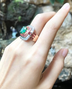 Emerald with Orange Sapphire and Diamond Ring Set in 18 Karat Rose Gold Settings