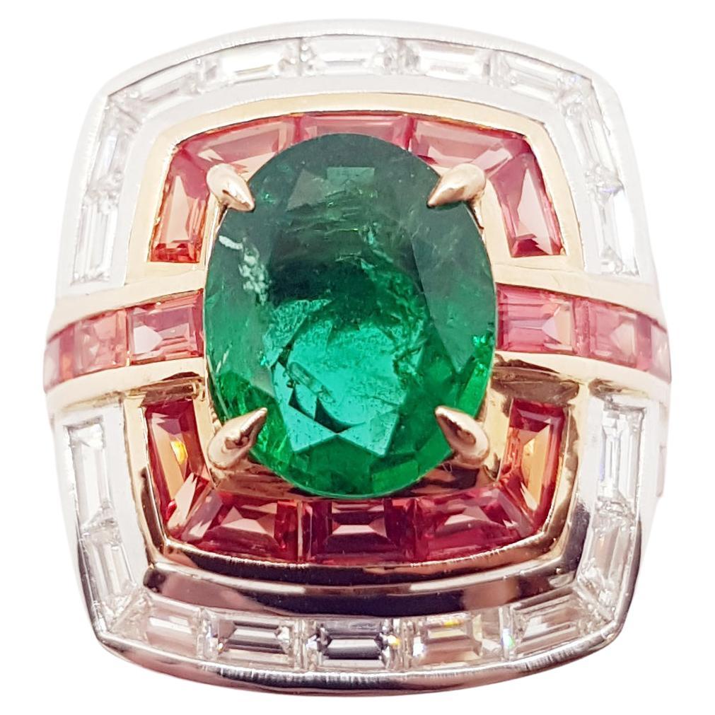 Emerald with Orange Sapphire and Diamond Ring Set in 18 Karat Rose Gold Settings For Sale