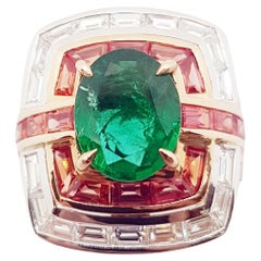 Emerald with Orange Sapphire and Diamond Ring Set in 18 Karat Rose Gold Settings