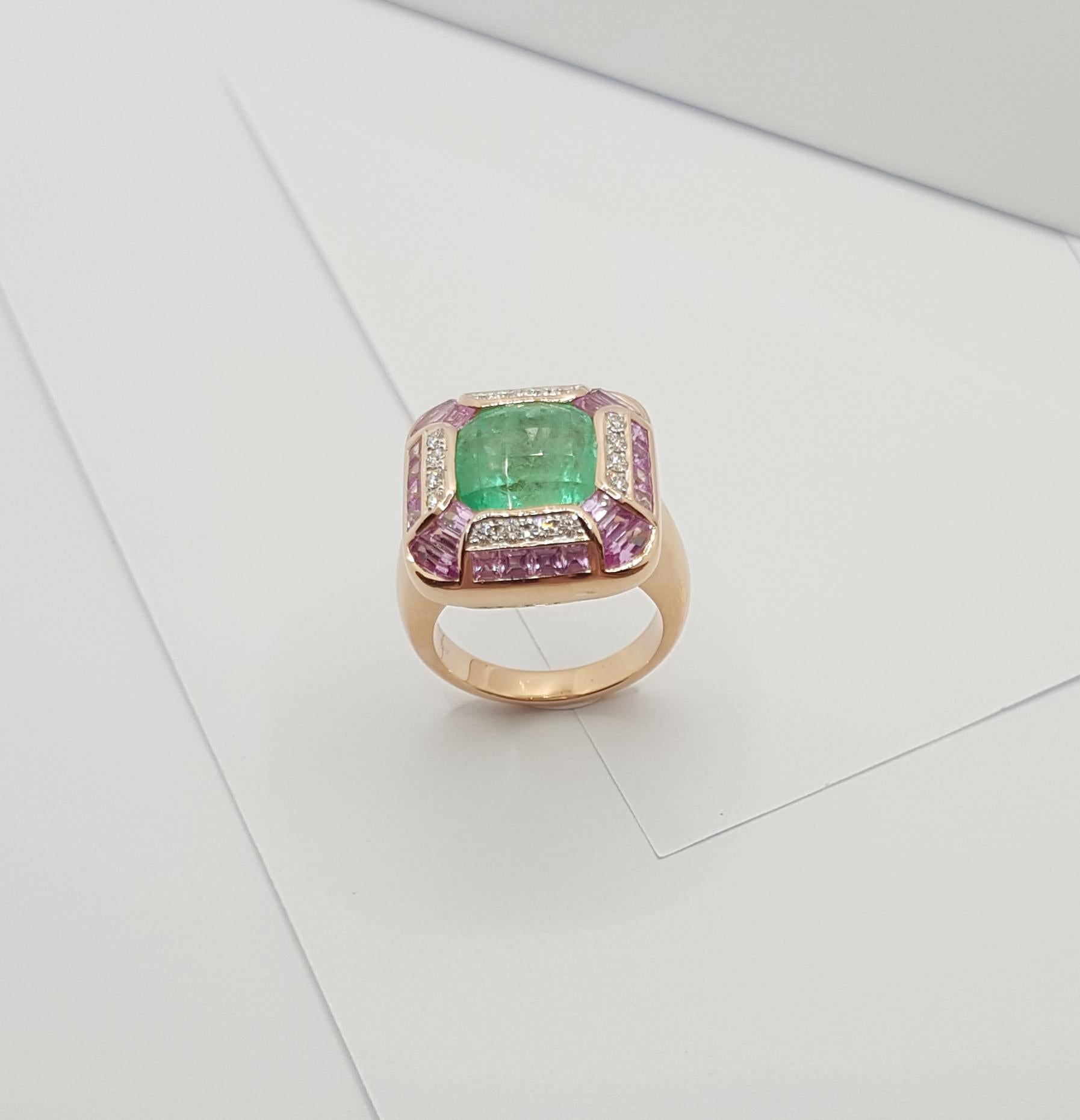 Emerald with Pink Sapphire and Diamond Ring Set 18 Karat Rose Gold Settings For Sale 6
