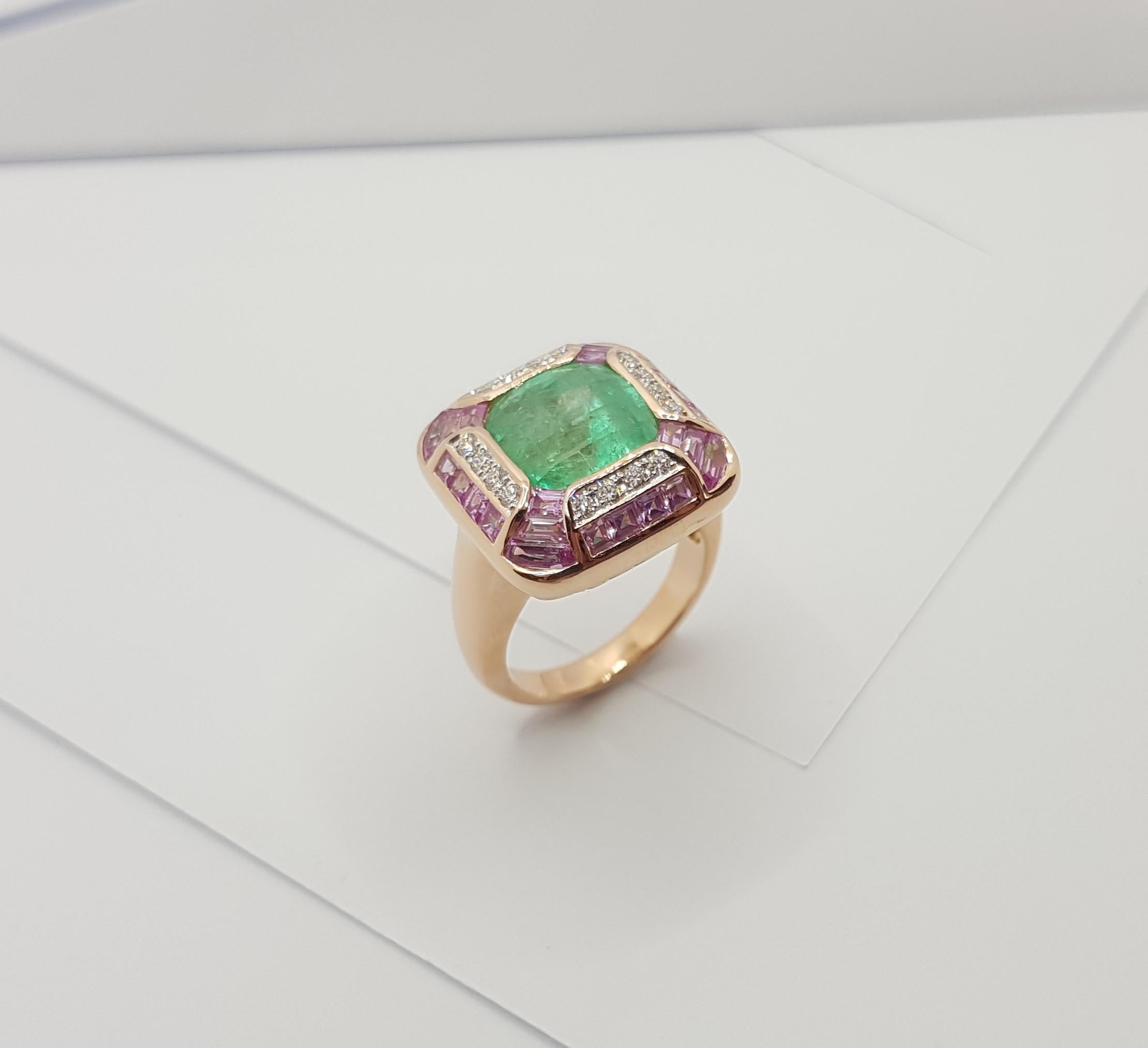 Emerald with Pink Sapphire and Diamond Ring Set 18 Karat Rose Gold Settings For Sale 7
