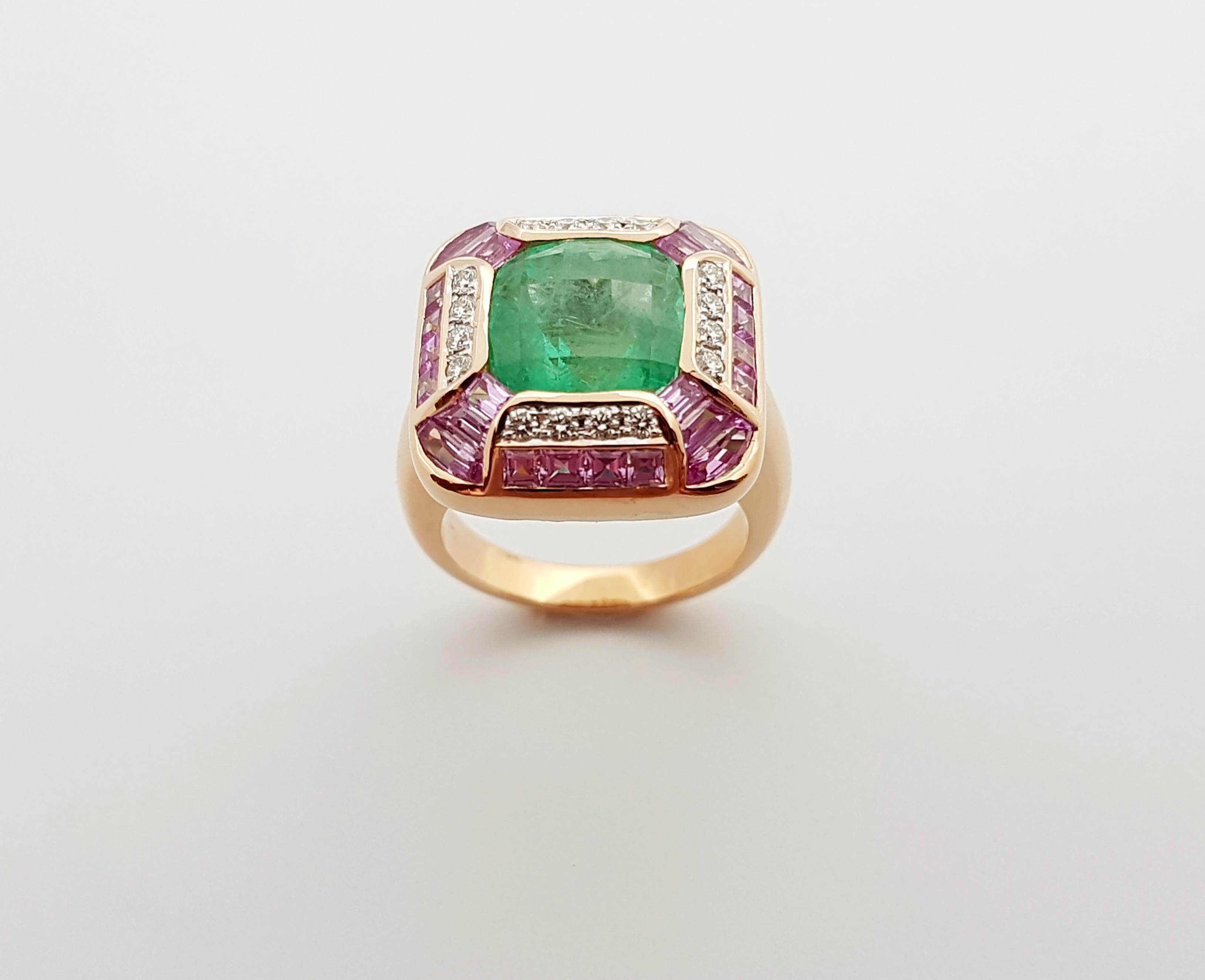 Emerald with Pink Sapphire and Diamond Ring Set 18 Karat Rose Gold Settings For Sale 1