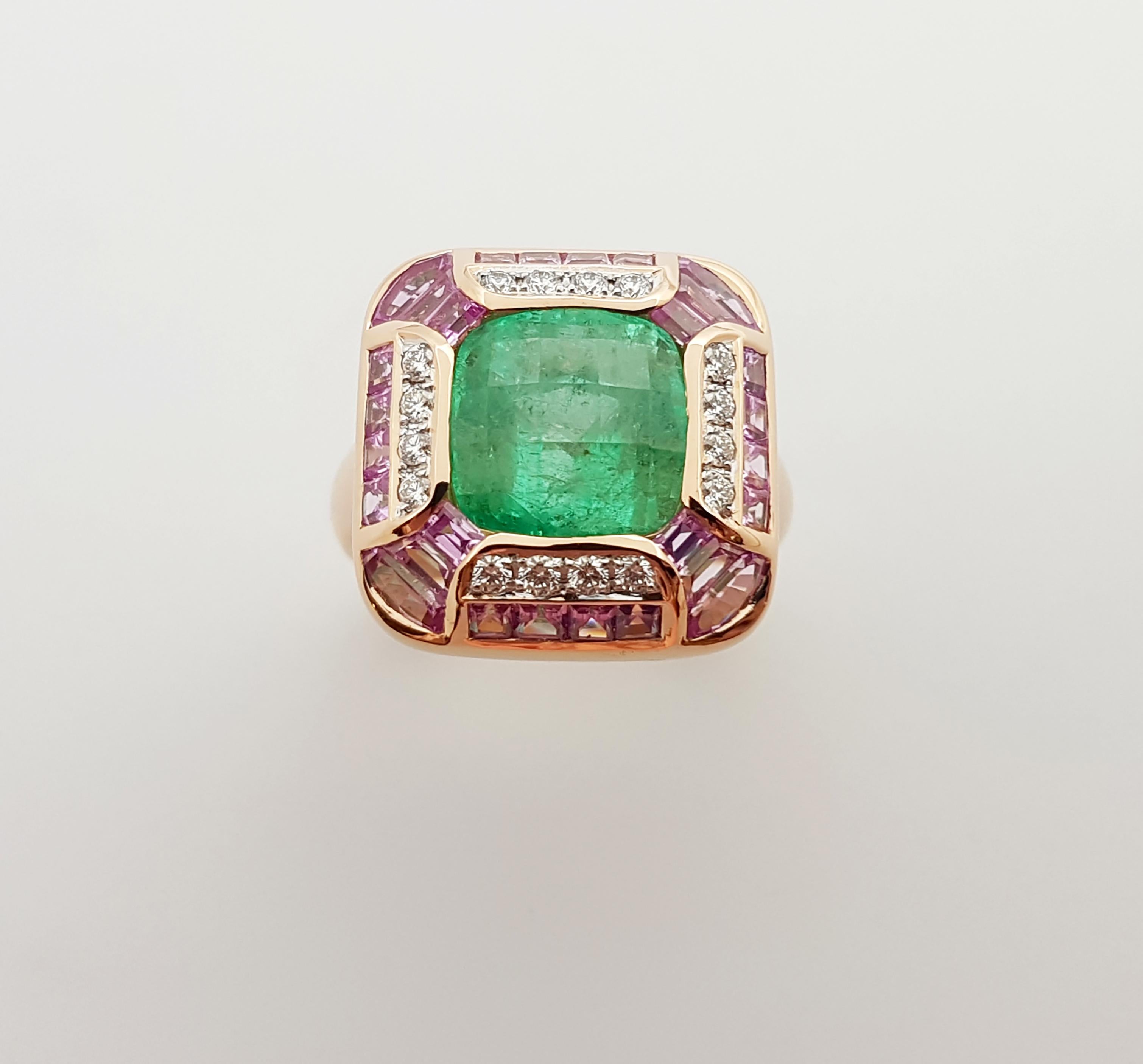 Emerald with Pink Sapphire and Diamond Ring Set 18 Karat Rose Gold Settings For Sale 2