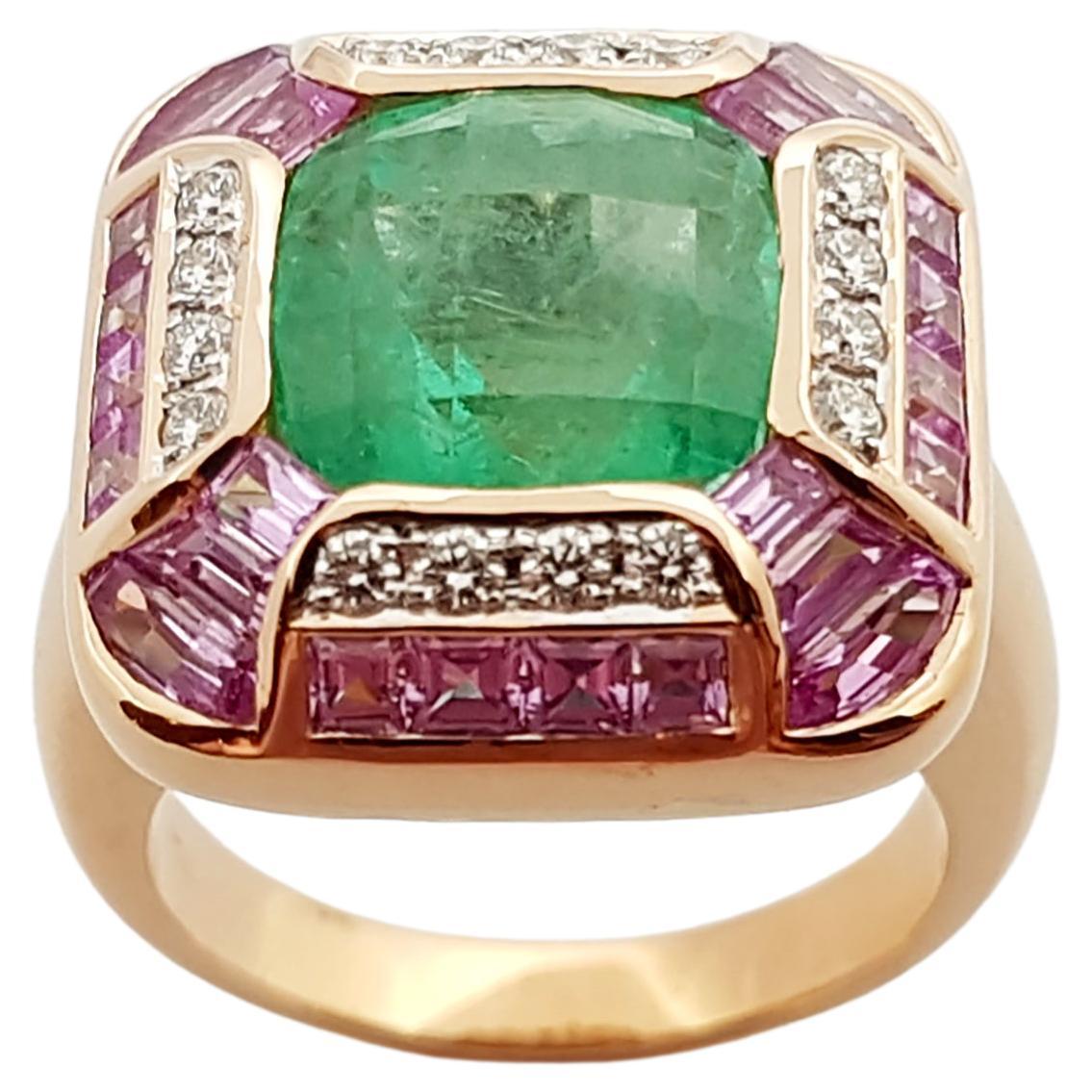 Emerald with Pink Sapphire and Diamond Ring Set 18 Karat Rose Gold Settings For Sale