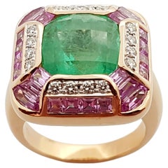 Emerald with Pink Sapphire and Diamond Ring Set 18 Karat Rose Gold Settings