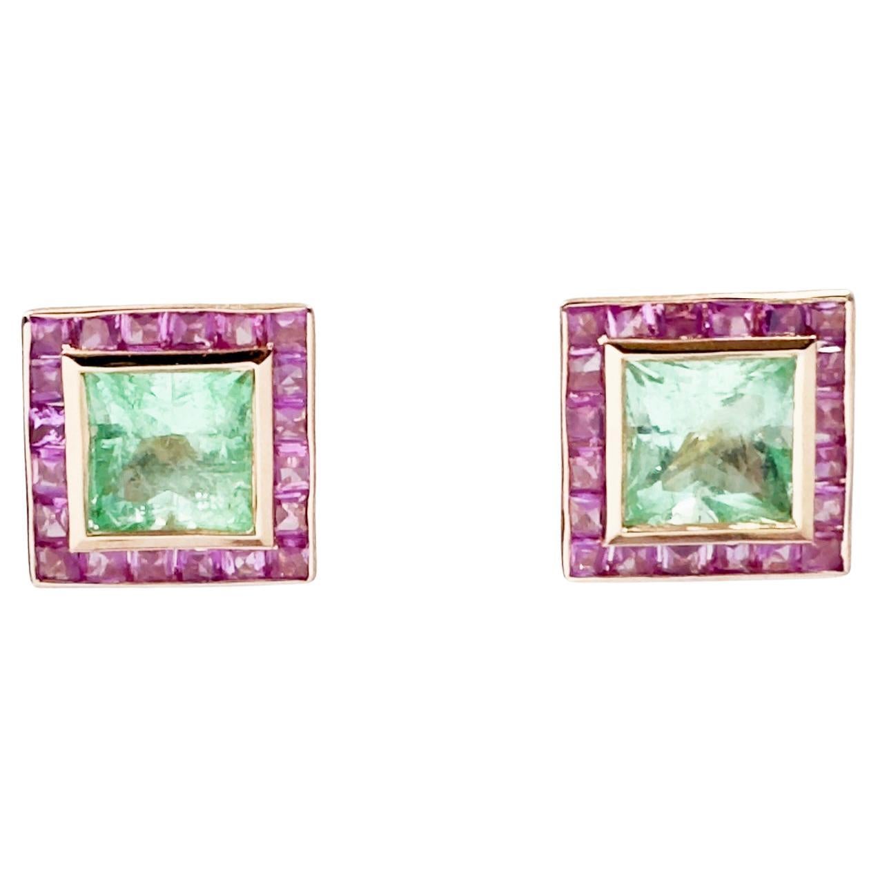 Emerald with Pink Sapphire Earrings set in 18K Rose Gold Settings