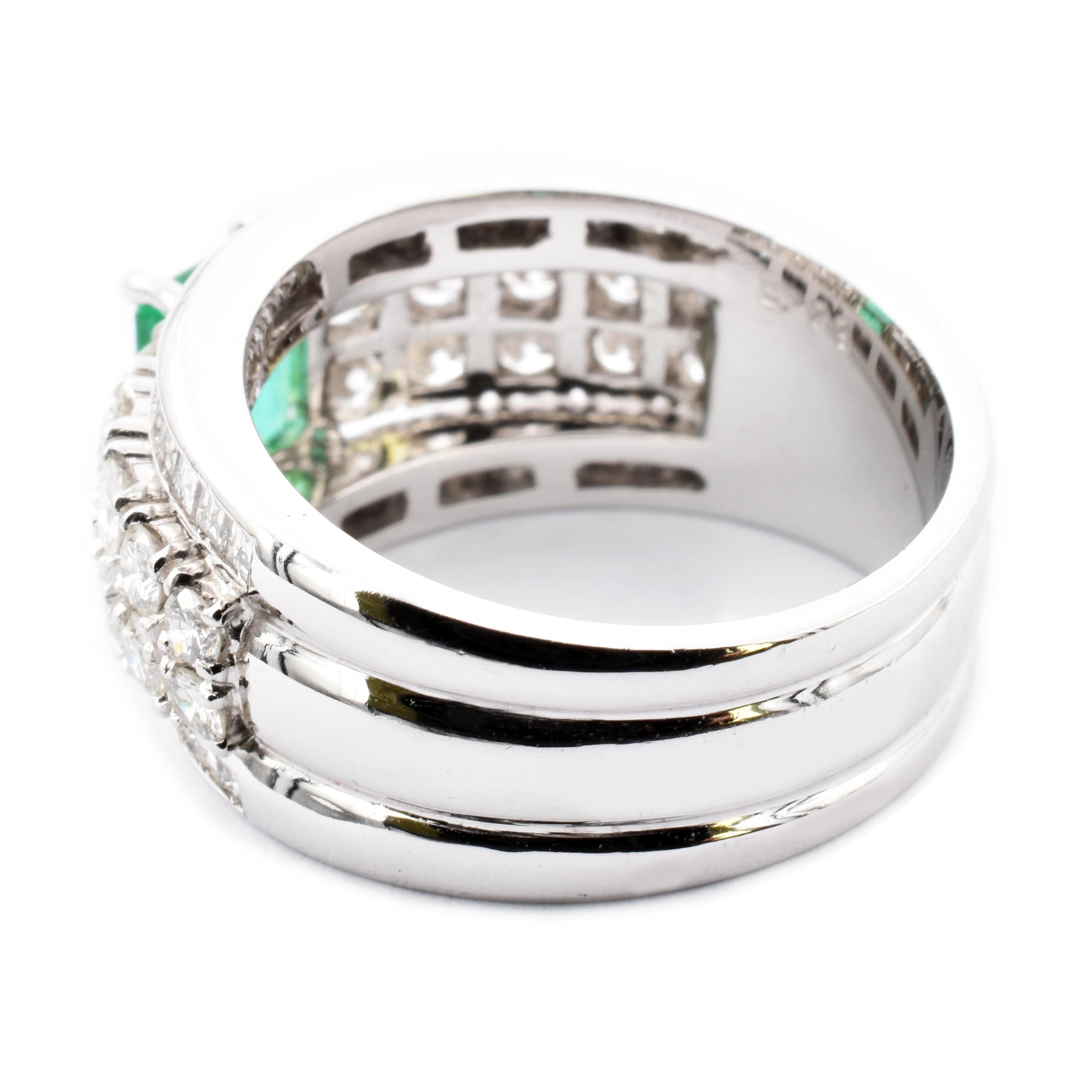 Emerald Cut Emerald with Round and Baguette Diamonds White Gold Ring Made in Italy For Sale