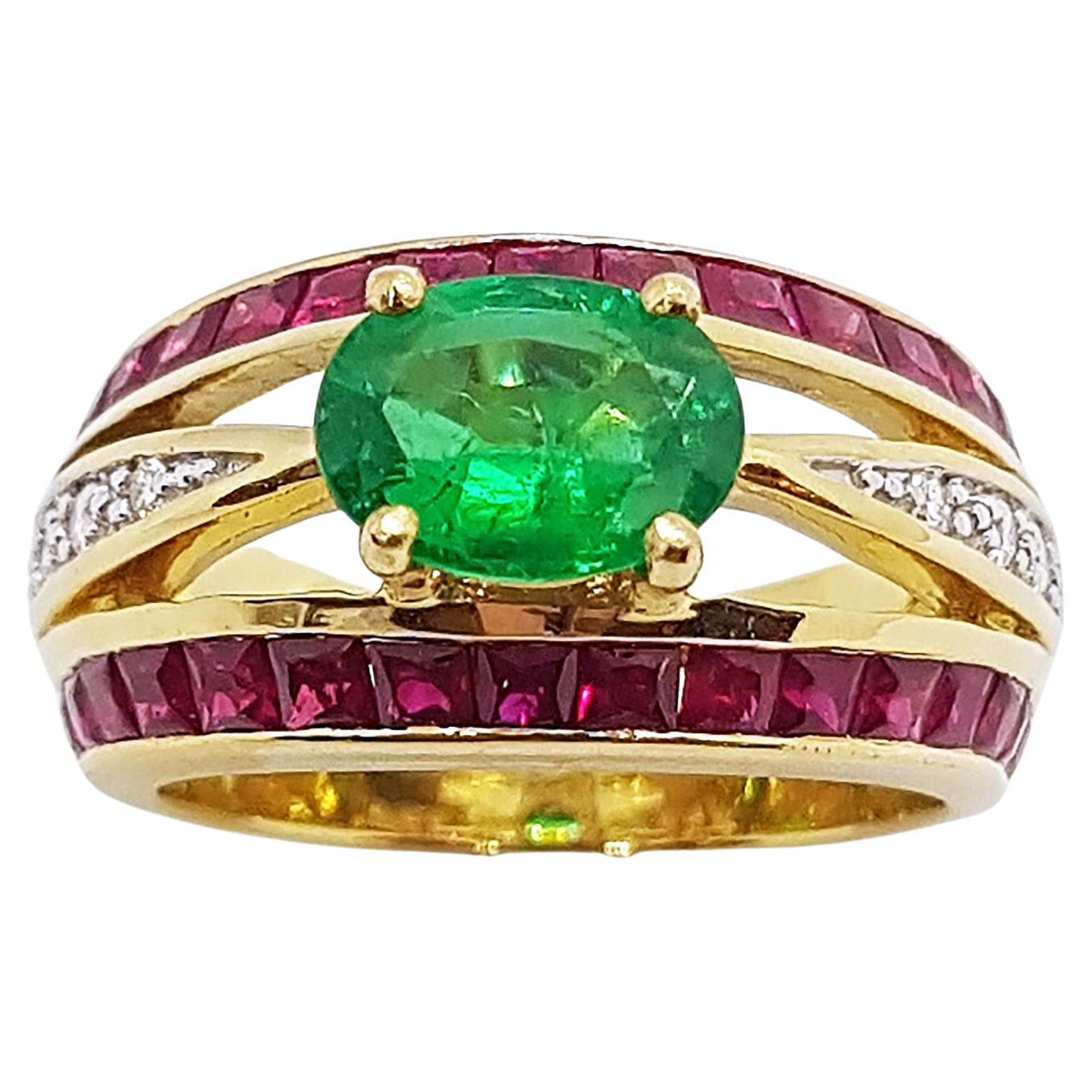 Emerald with Ruby and Diamond Ring Set in 18 Karat Gold Settings For Sale