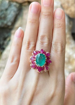 Emerald with Ruby and Diamond Ring set in 18K Rose Gold Settings