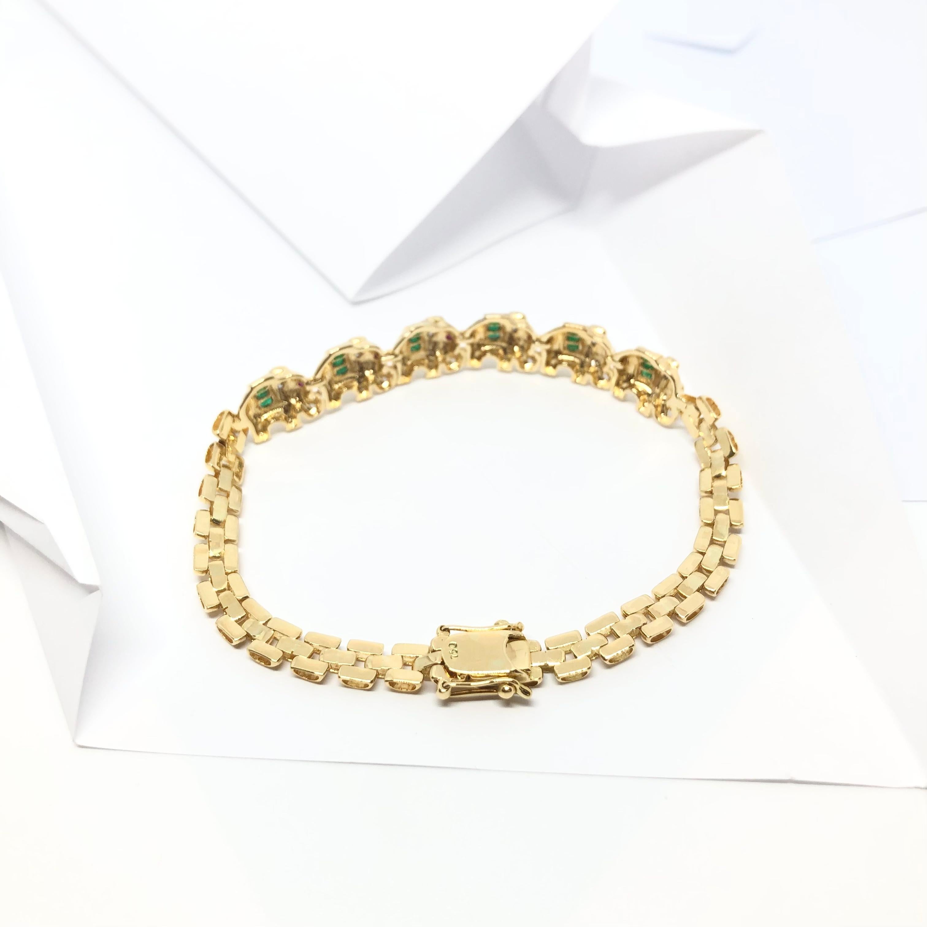 Emerald with Ruby Elephant Bracelet Set in 18 Karat Gold Settings For Sale 5