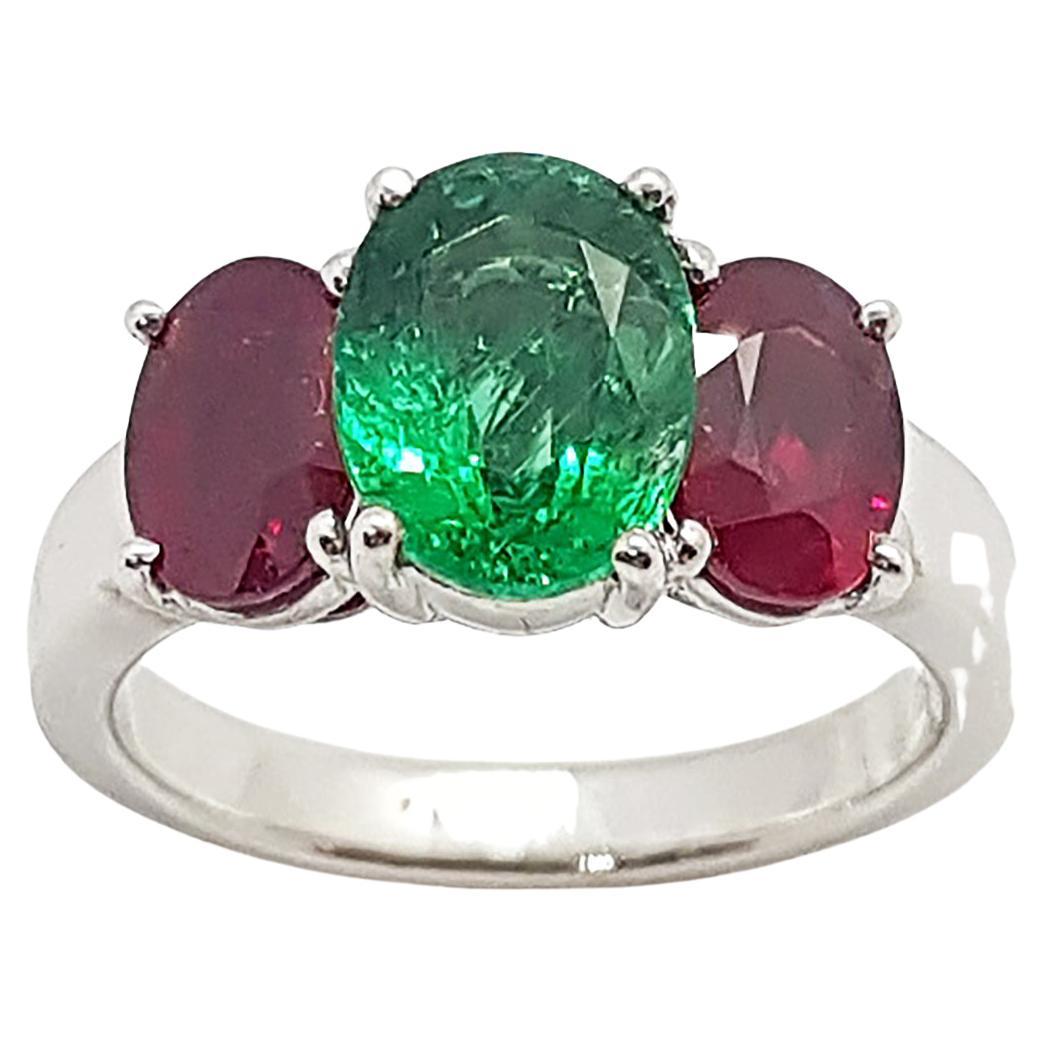 Emerald with Ruby Ring Set in 18 Karat White Gold Settings For Sale