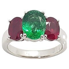 Emerald with Ruby Ring Set in 18 Karat White Gold Settings