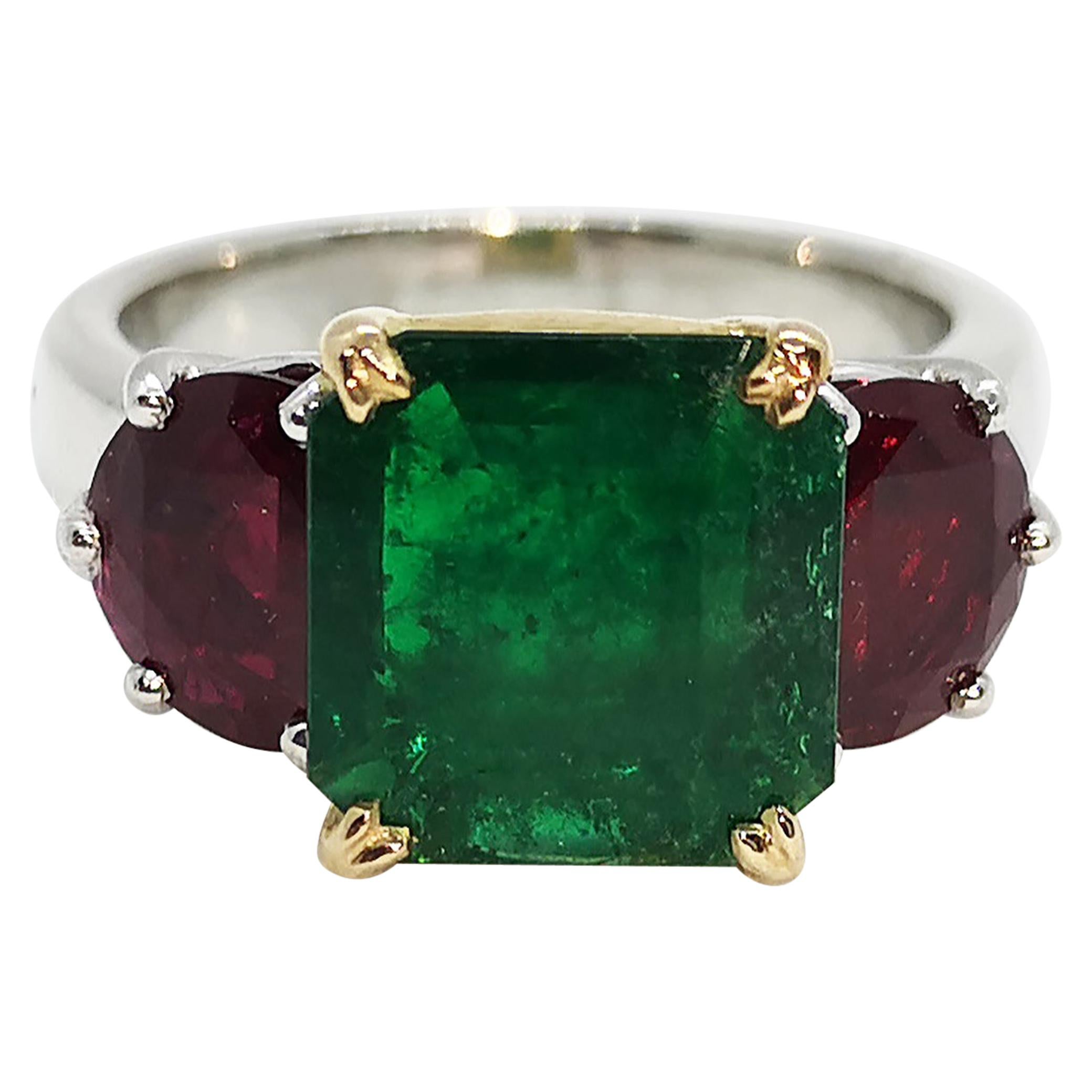 Emerald with Ruby Ring Set in Platinum 950 Settings For Sale