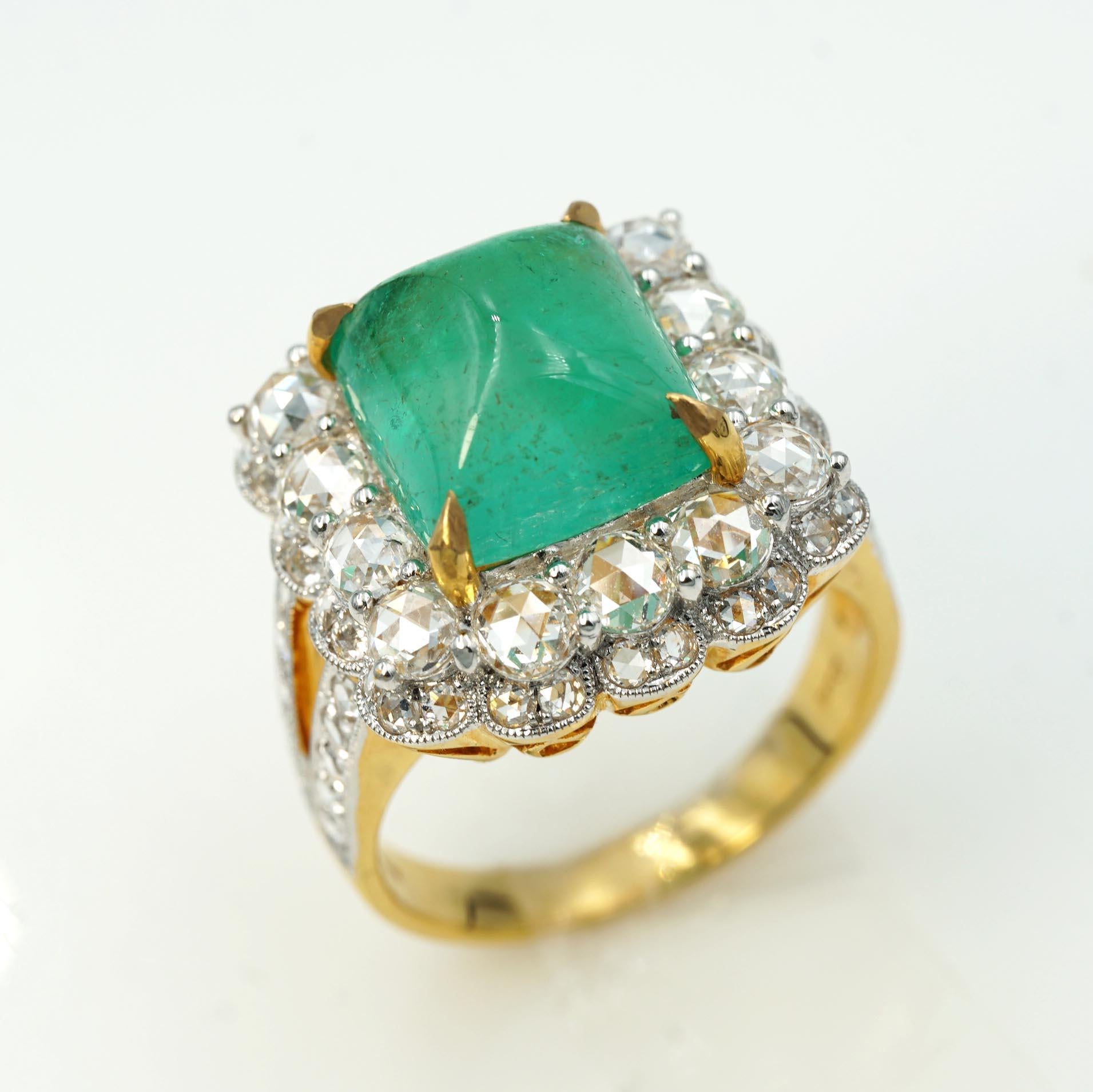 Elevate your jewelry collection with our Emerald and White Rose Cut Diamond 18k Yellow Gold Ring, a masterpiece that harmoniously marries the allure of precious gemstones and the elegance of fine craftsmanship.

Immerse yourself in world of color