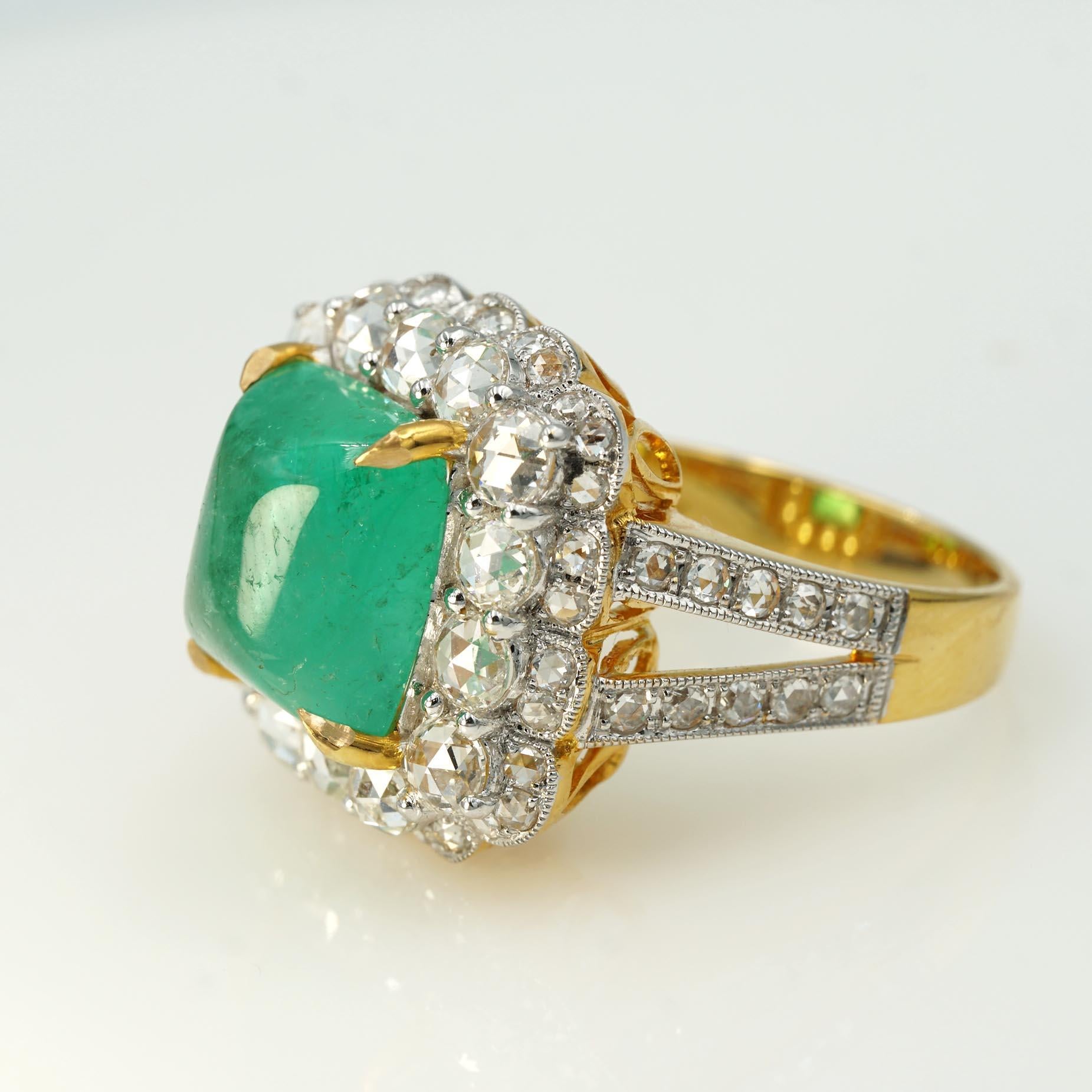 Edwardian Emerald with white rosecut Diamond 18ky Gold Ring For Sale