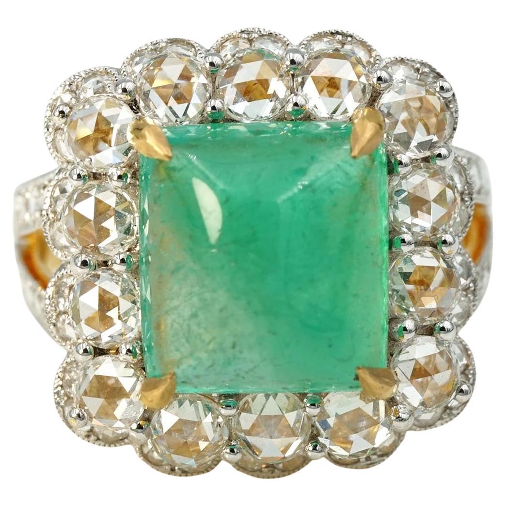 Emerald with white rosecut Diamond 18ky Gold Ring For Sale