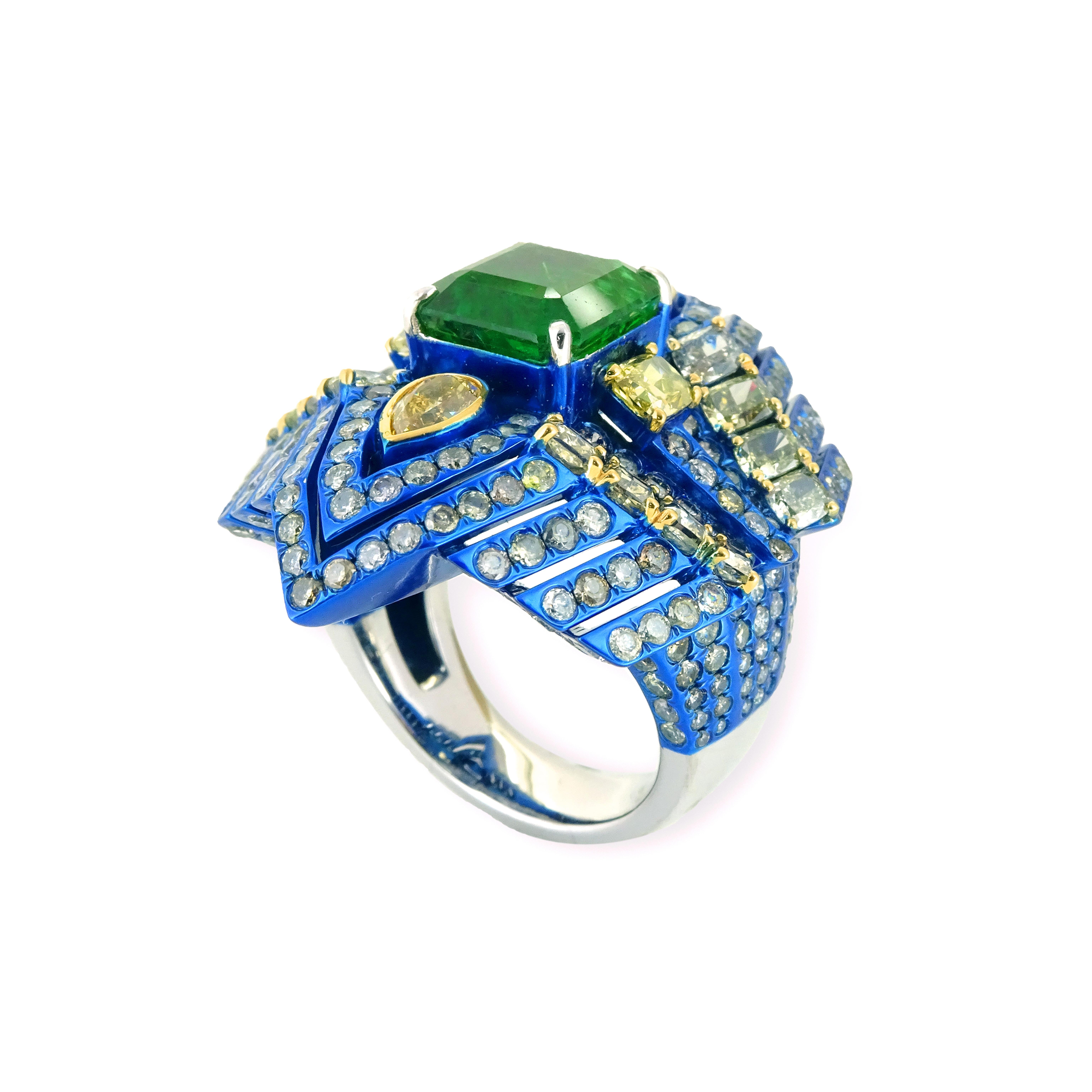 Modern Emerald, Yellow Diamond and White Diamond Ring, 18K Gold, Austy Lee For Sale